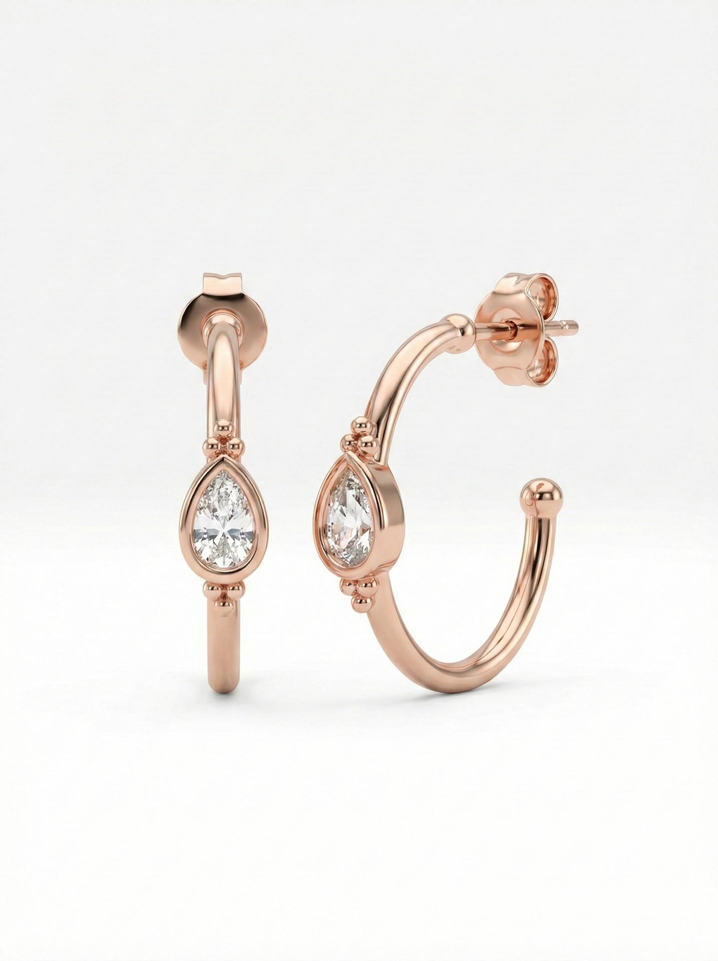 CZ Drop Motif Solitaire Hoop Earrings Rose Gold Plated Silver