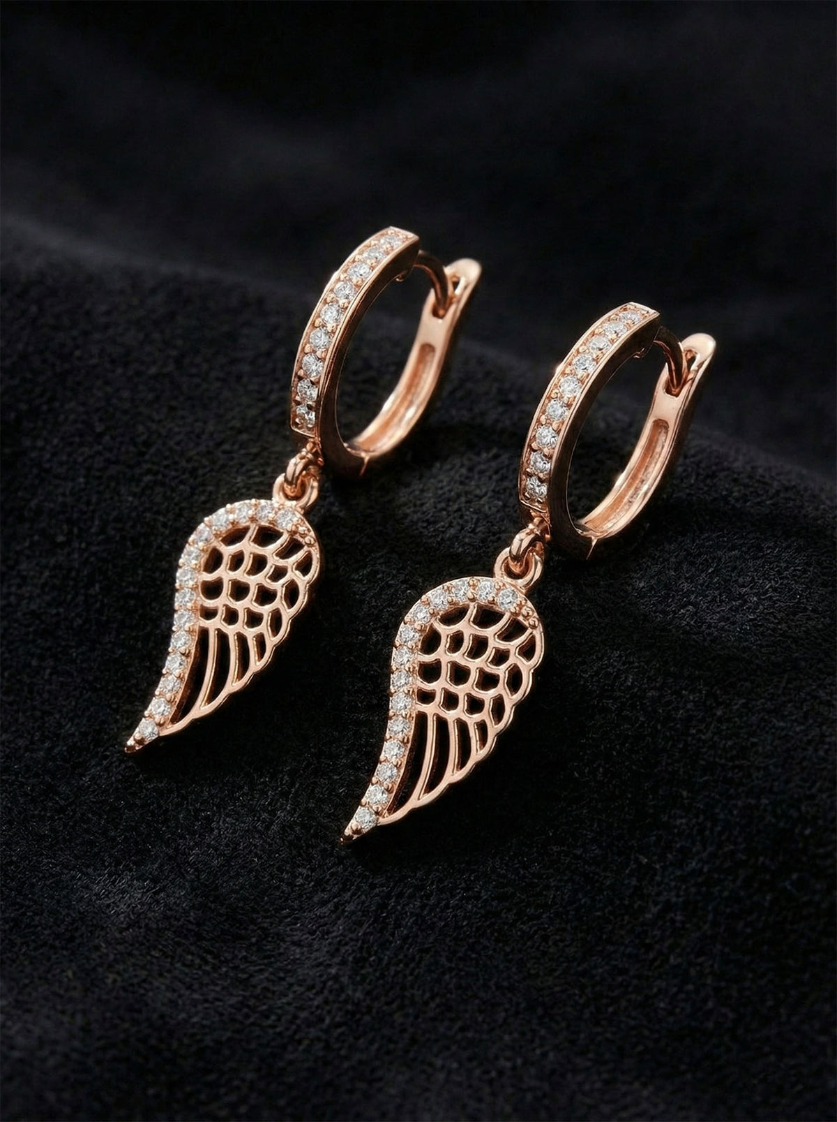 Rose Gold Zircon Wing Charm Hoop Earrings in 925 sterling silver