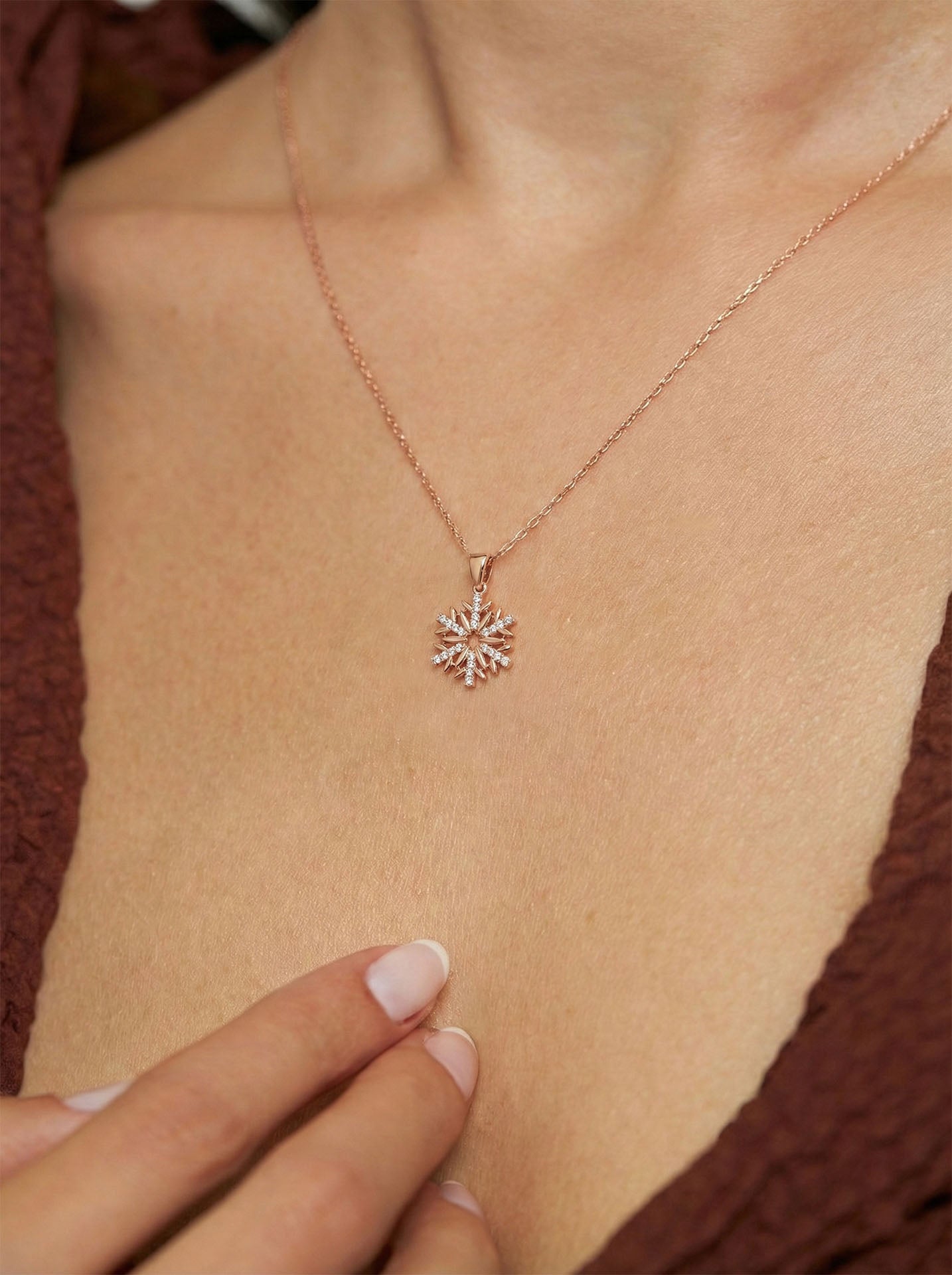 CZ Star Snowflake Necklace Rose Gold Plated Silver