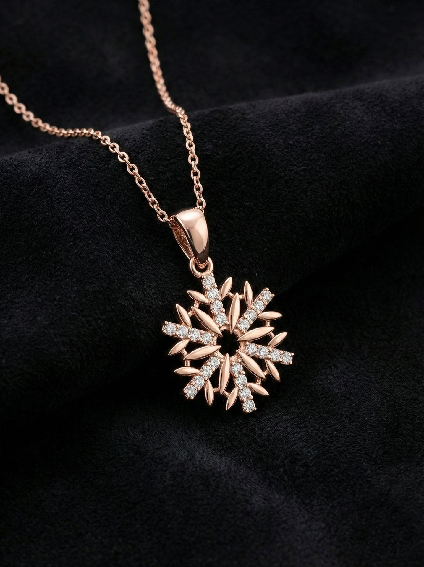 CZ Star Snowflake Necklace Rose Gold Plated Silver