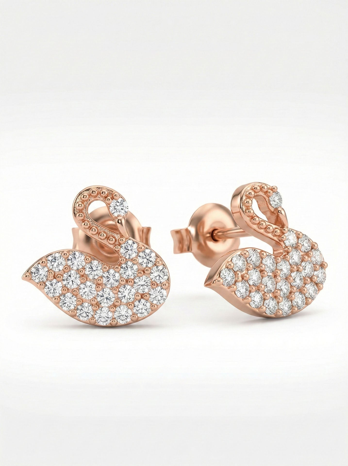 CZ Swan Style Minimalist Stud Earrings Rose Gold Plated Silver