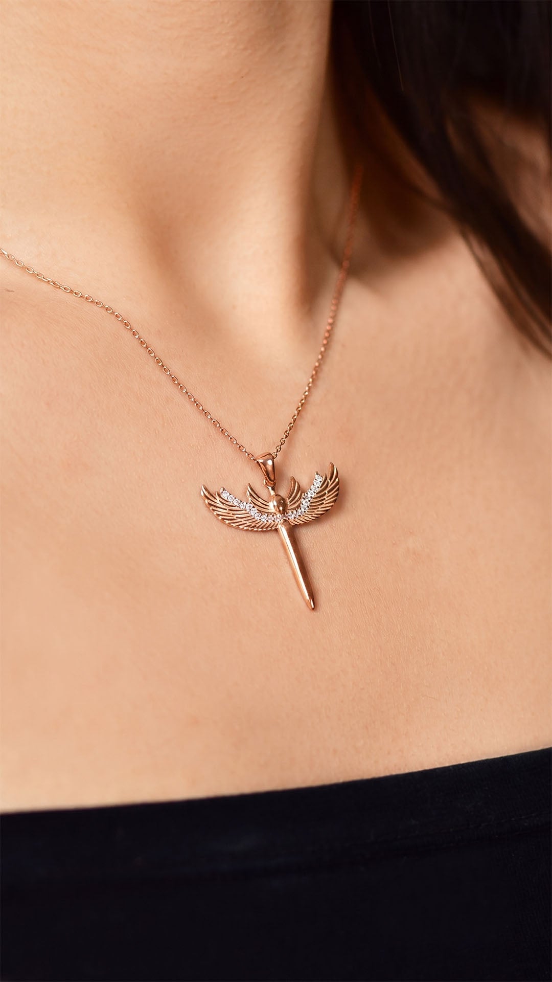 925 Sterling Silver Rose Gold Zircon Archangel Michael Sword Pendant Necklace