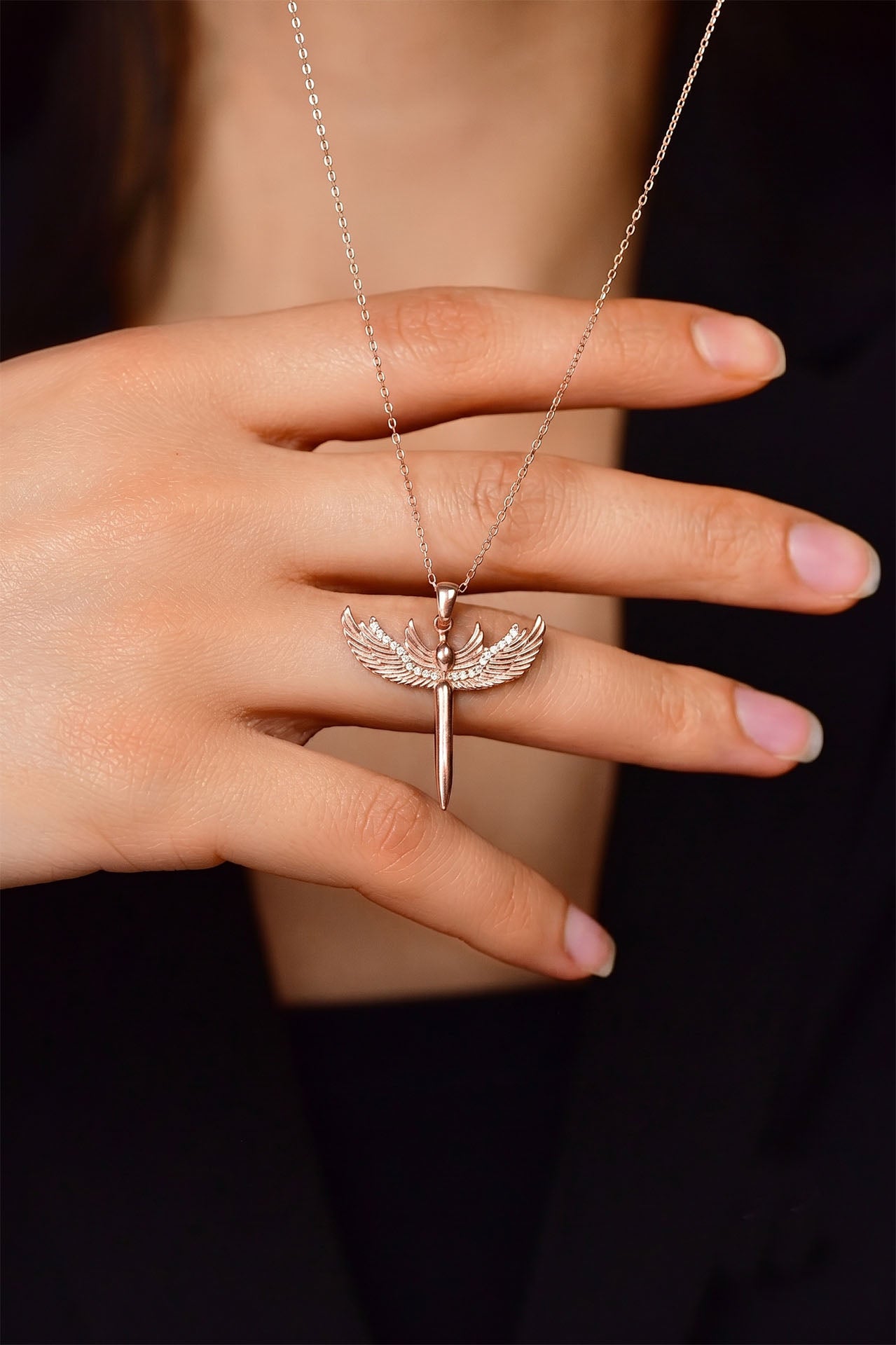 925 Sterling Silver Rose Gold Zircon Archangel Michael Sword Pendant Necklace