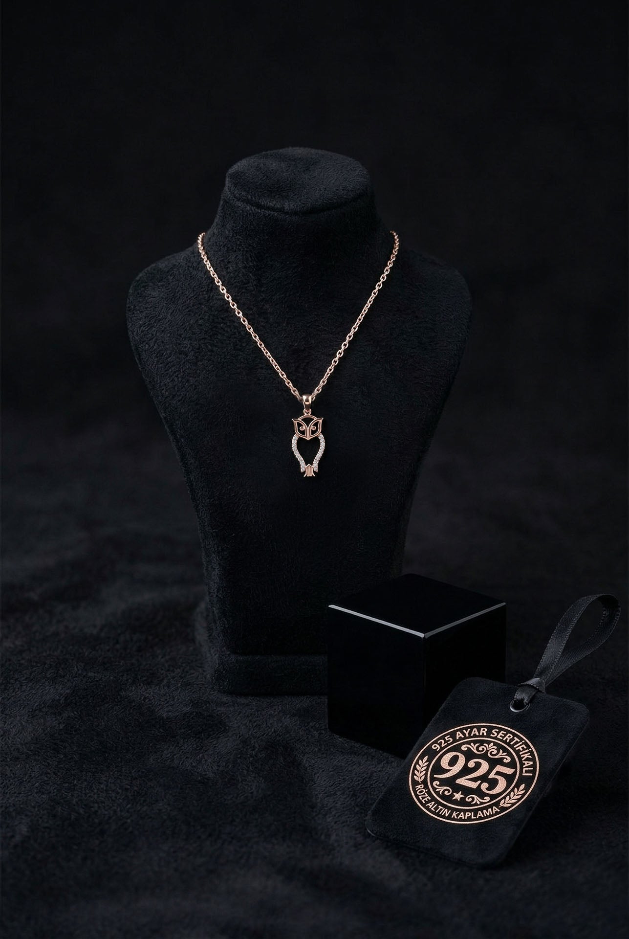 925 Ayar Zirkon Taşlı Rose Minimal Baykuş Gümüş Kolye
