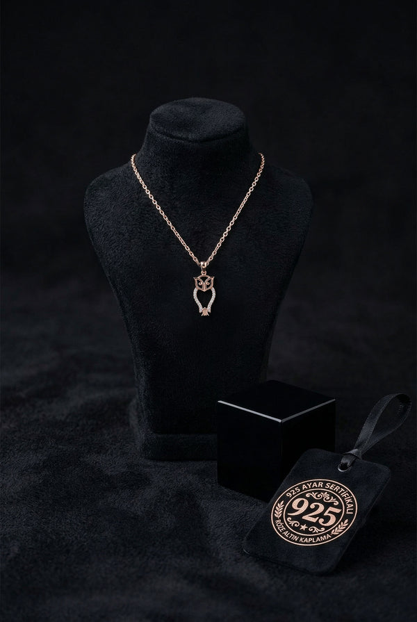 925 Ayar Zirkon Taşlı Rose Minimal Baykuş Gümüş Kolye