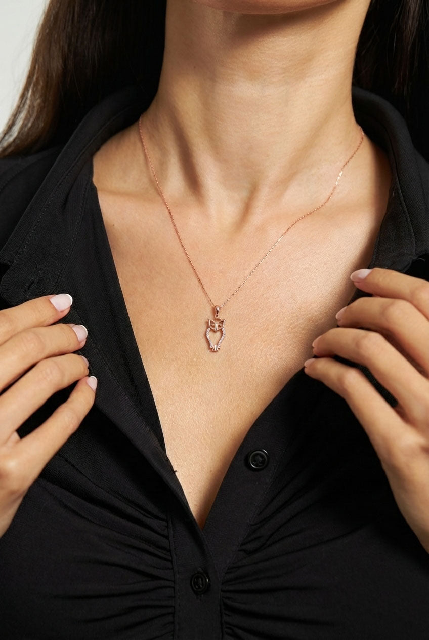 CZ Minimalist Owl Necklace Rose Gold Plated Silver