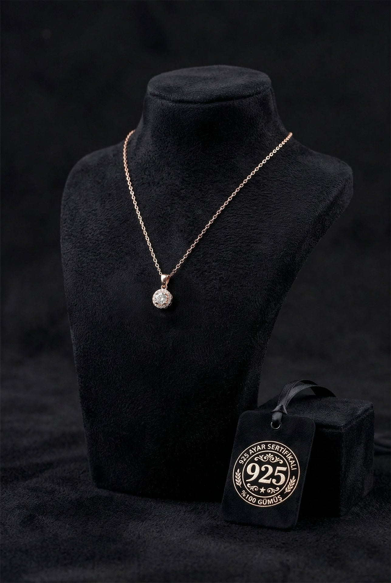 925 Ayar Zirkon Taşlı Rose Minimal Yuvarlak Anturaj Gümüş Kolye