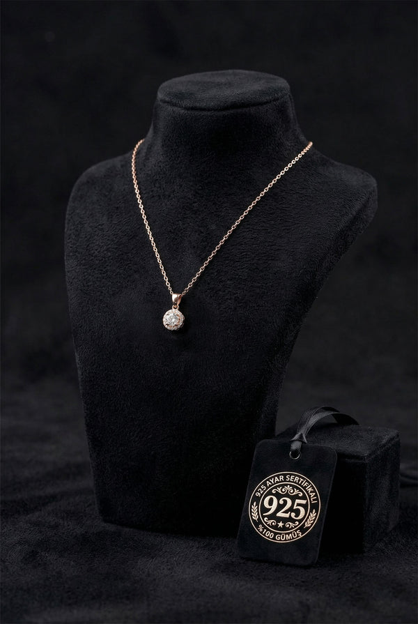 925 Ayar Zirkon Taşlı Rose Minimal Yuvarlak Anturaj Gümüş Kolye