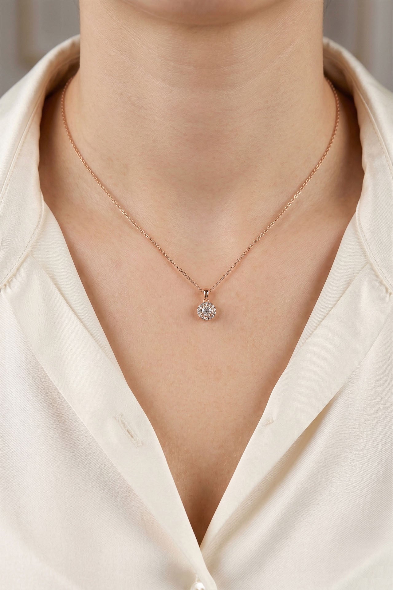 CZ Minimalist Round Halo Necklace Rose Gold Plated Silver