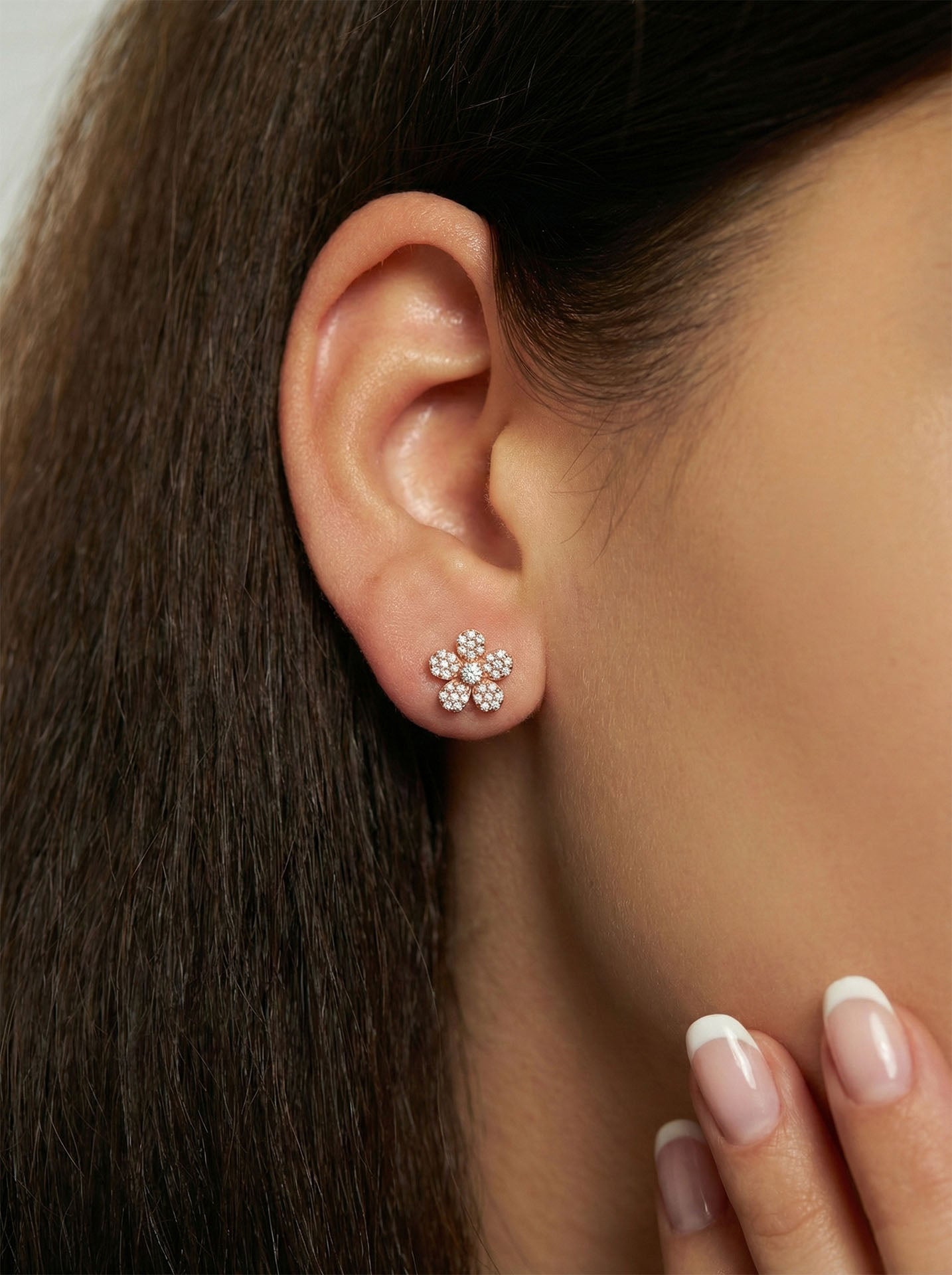 CZ Daisy Minimalist Stud Earrings Rose Gold Plated Silver