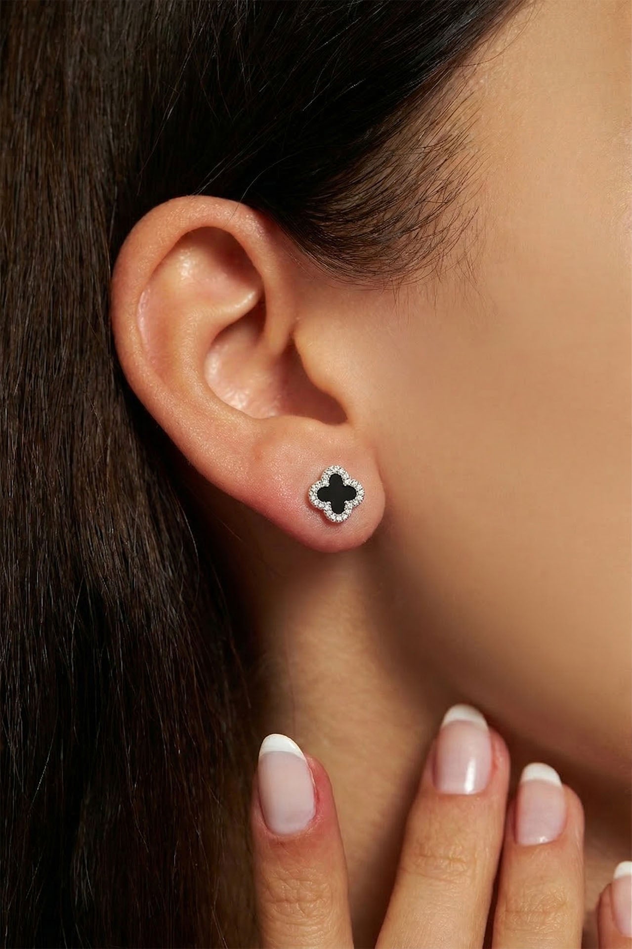 CZ Black Enamel Clover Motif Stud Earrings Silver