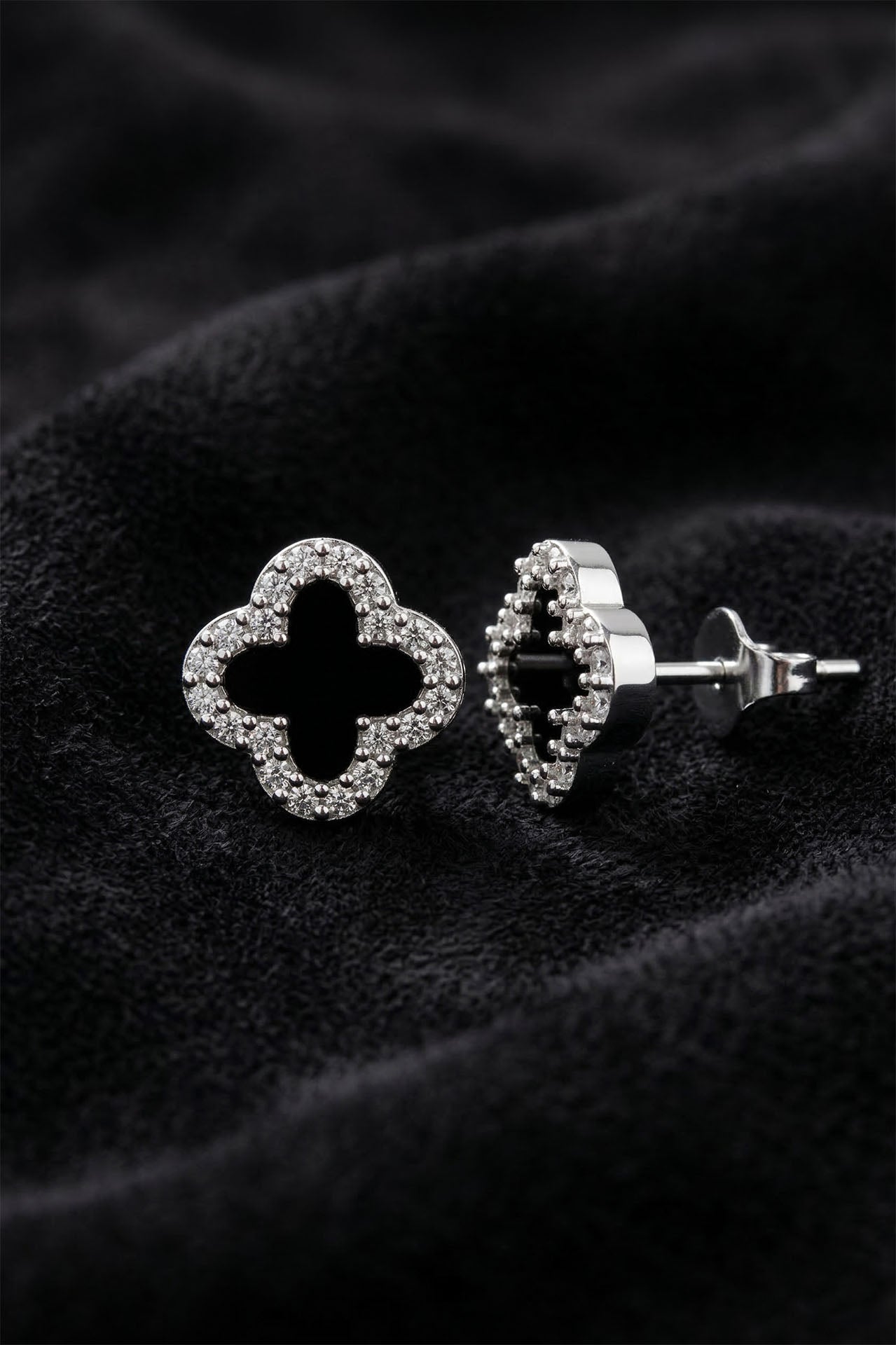 CZ Black Enamel Clover Motif Stud Earrings Silver