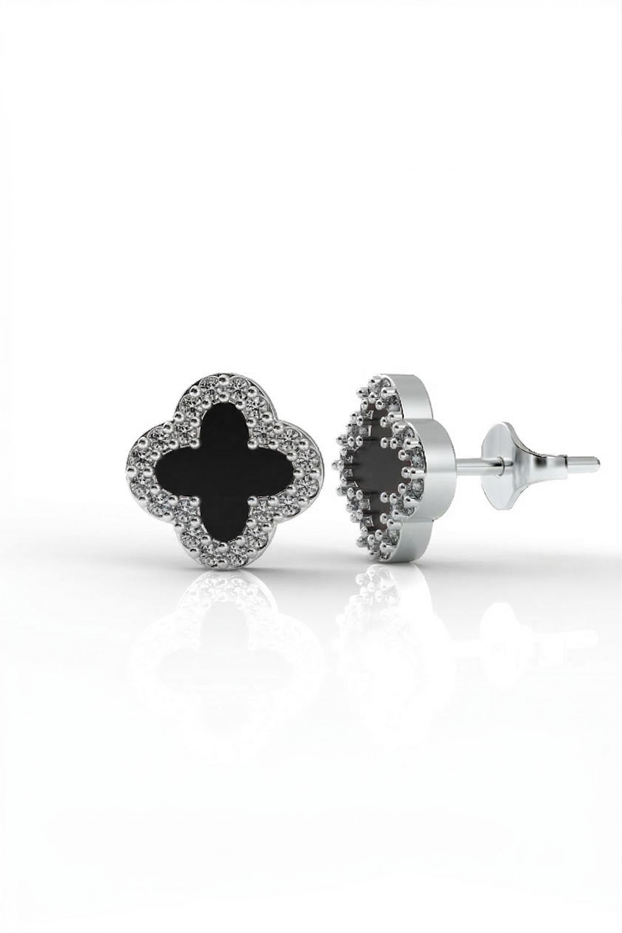 CZ Black Enamel Clover Motif Stud Earrings Silver
