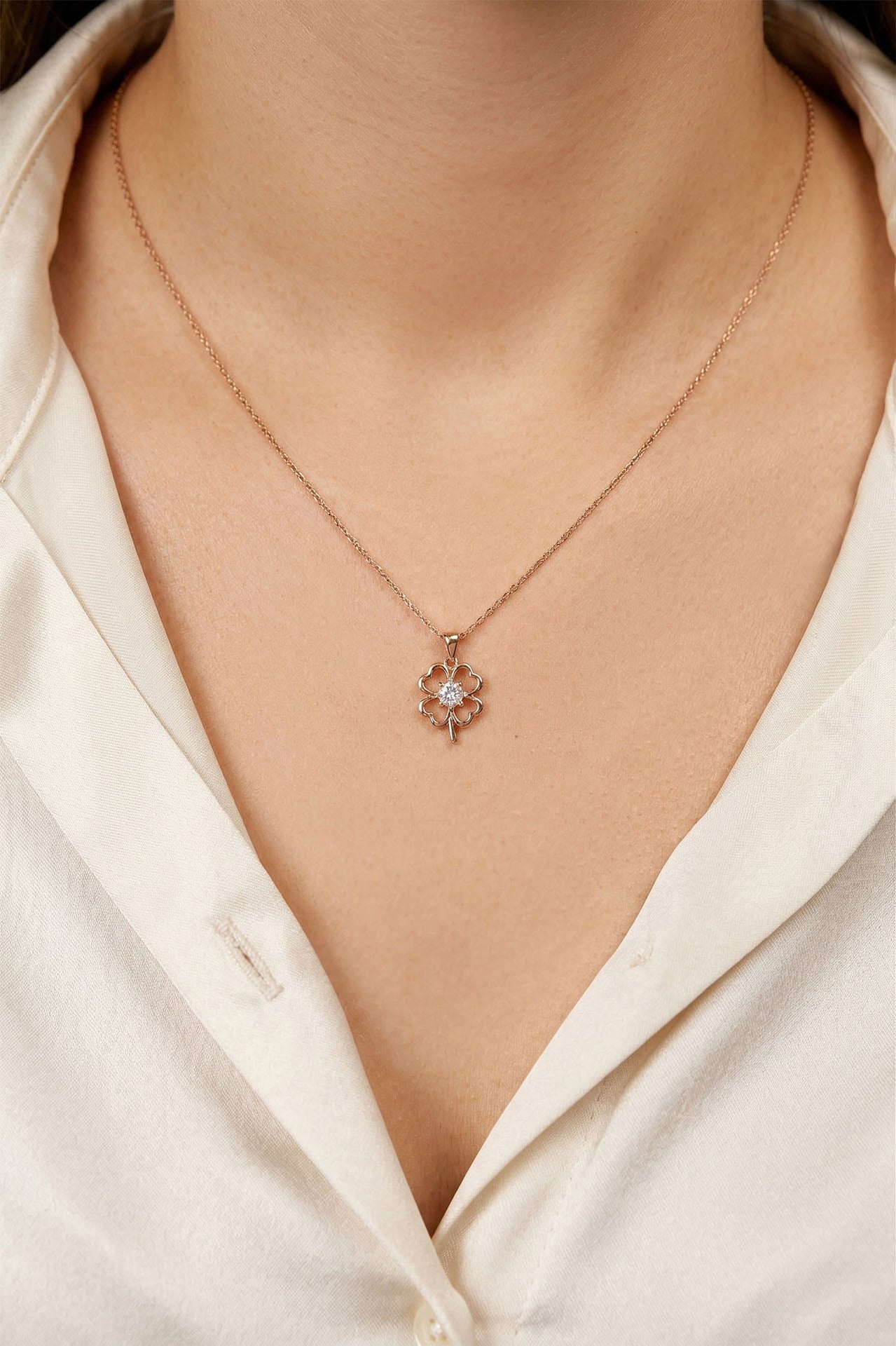 CZ Solitaire Clover Necklace Rose Gold Plated Silver