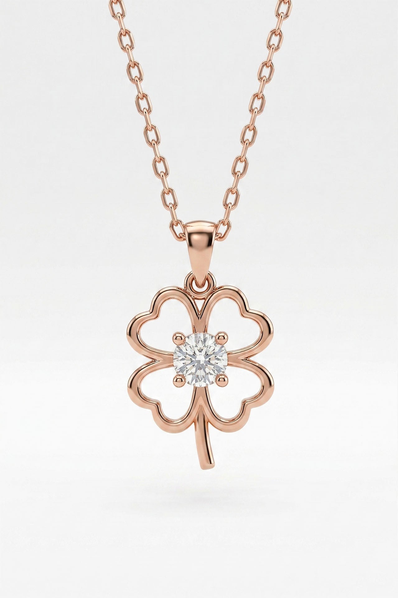 CZ Solitaire Clover Necklace Rose Gold Plated Silver