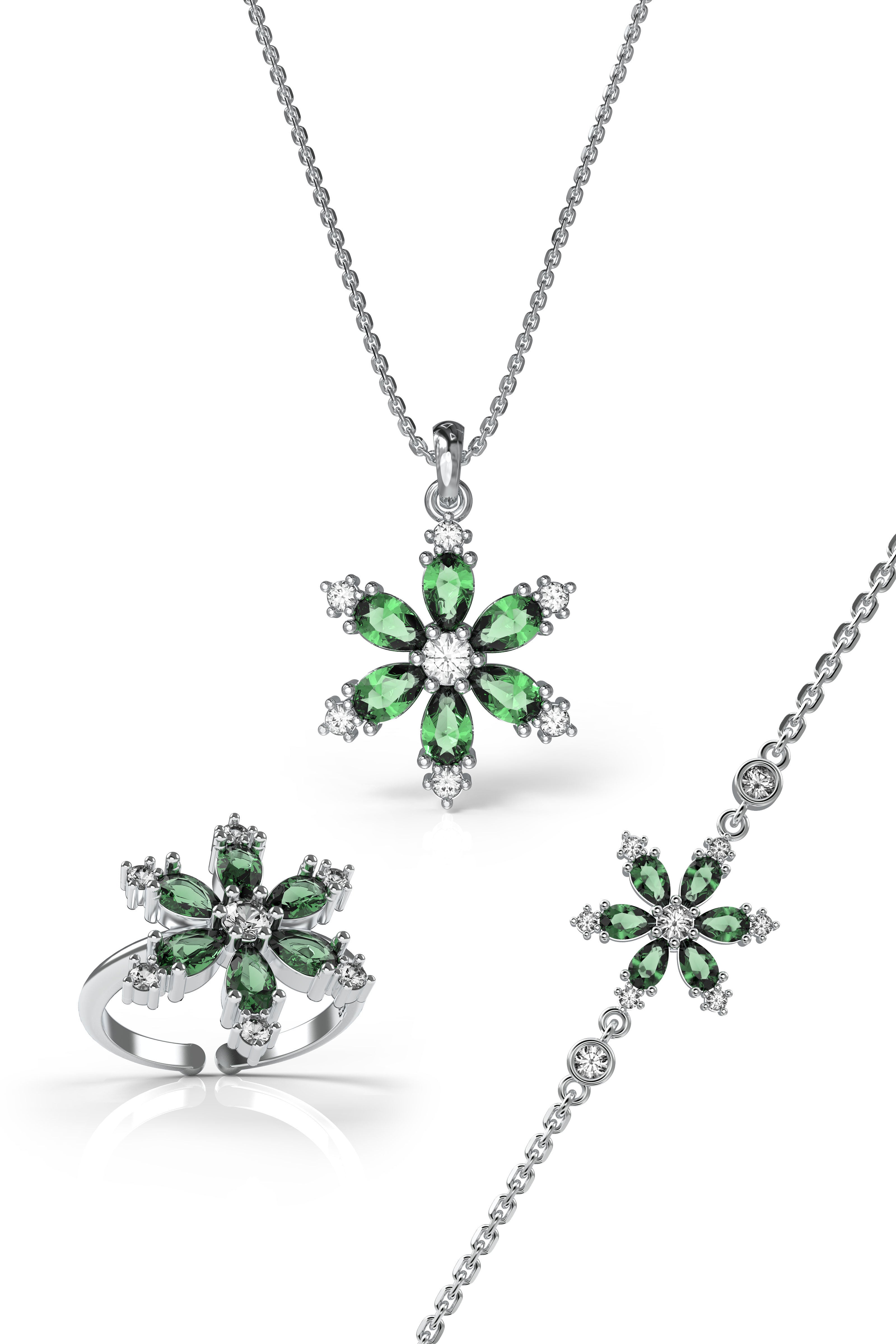 Emerald Lotus Flower Set Rhodium Plated Silver