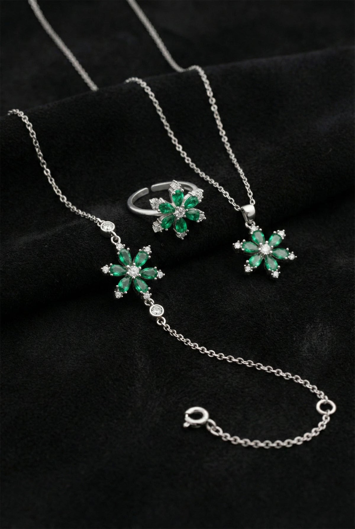 Smaragd-Lotusblumen-Schmuckset, 3-teilig aus 925er Sterlingsilber