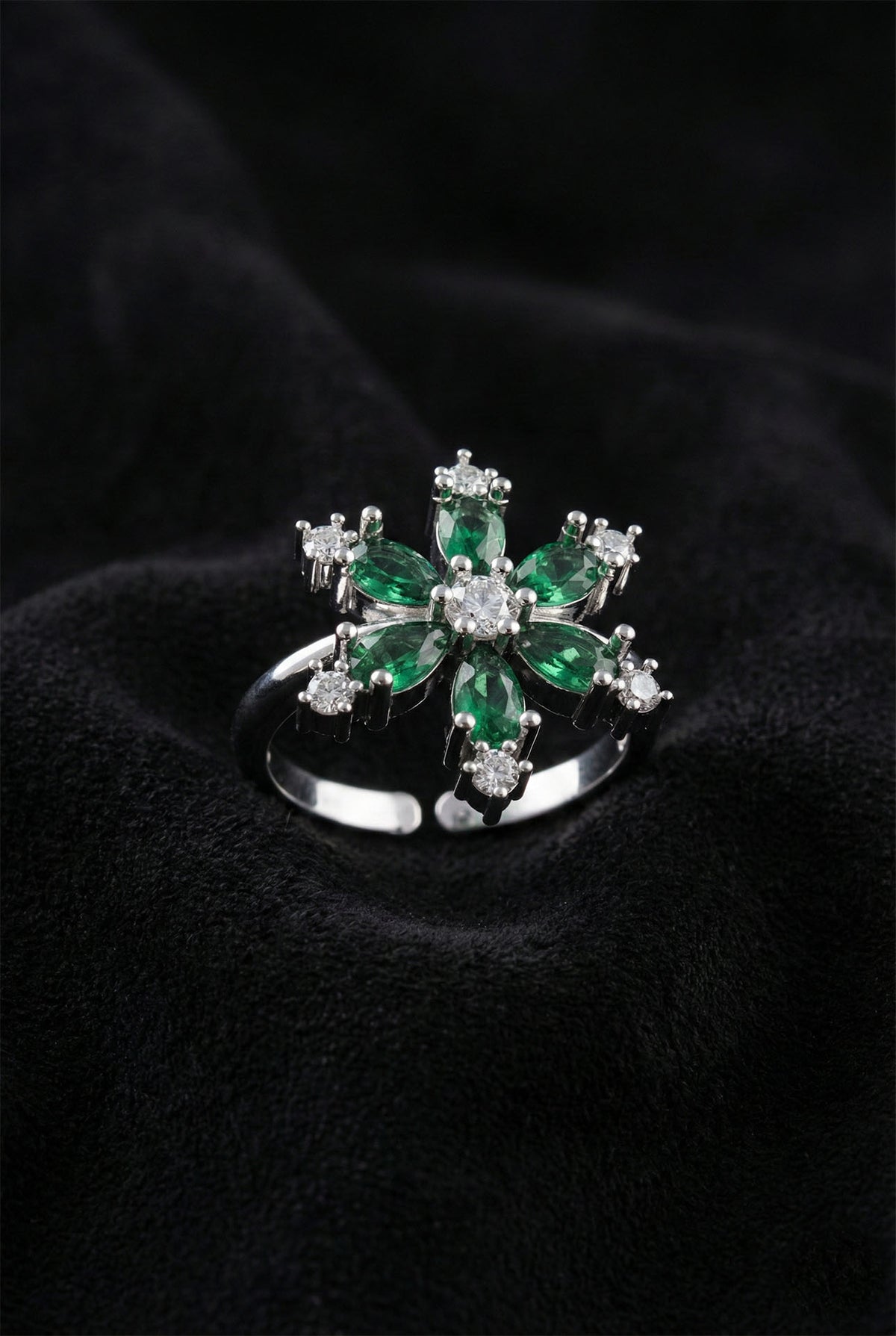 Emerald Lotus Flower - Zircon Adjustable Ring in 925 sterling silver