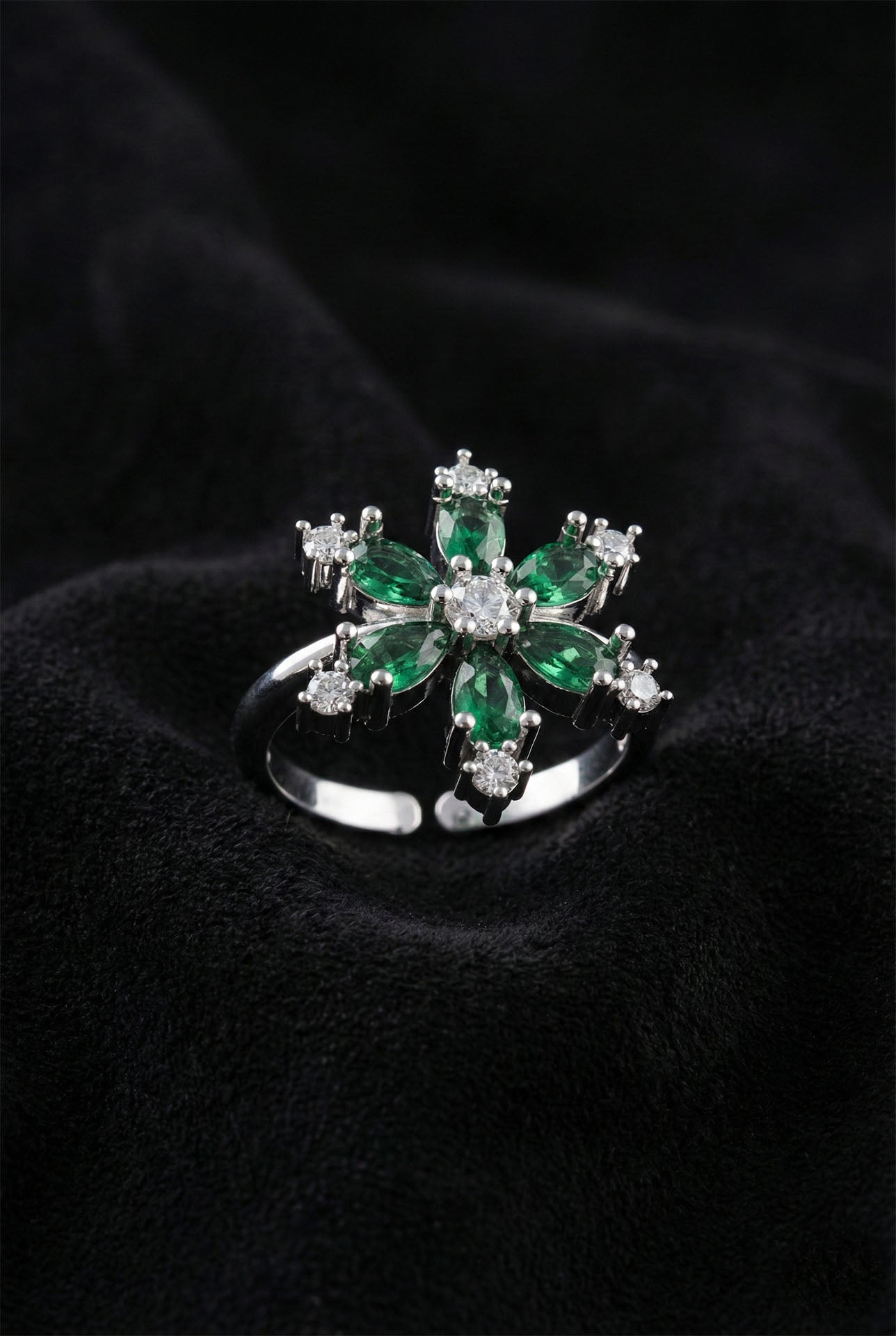 925 Sterling Silver Emerald Stone Rhodium Lotus Flower Adjustable Ring