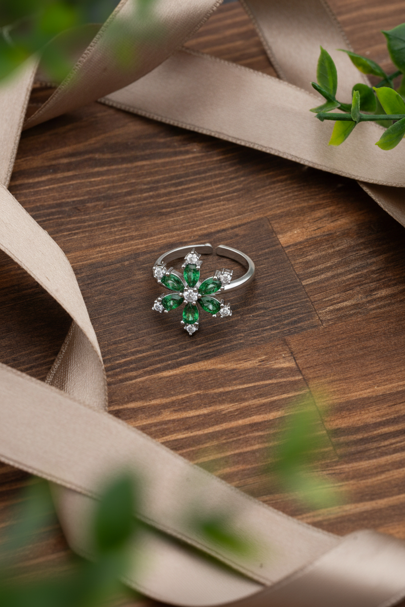 Emerald Lotus Flower - Zircon Adjustable Ring in 925 sterling silver - view 3