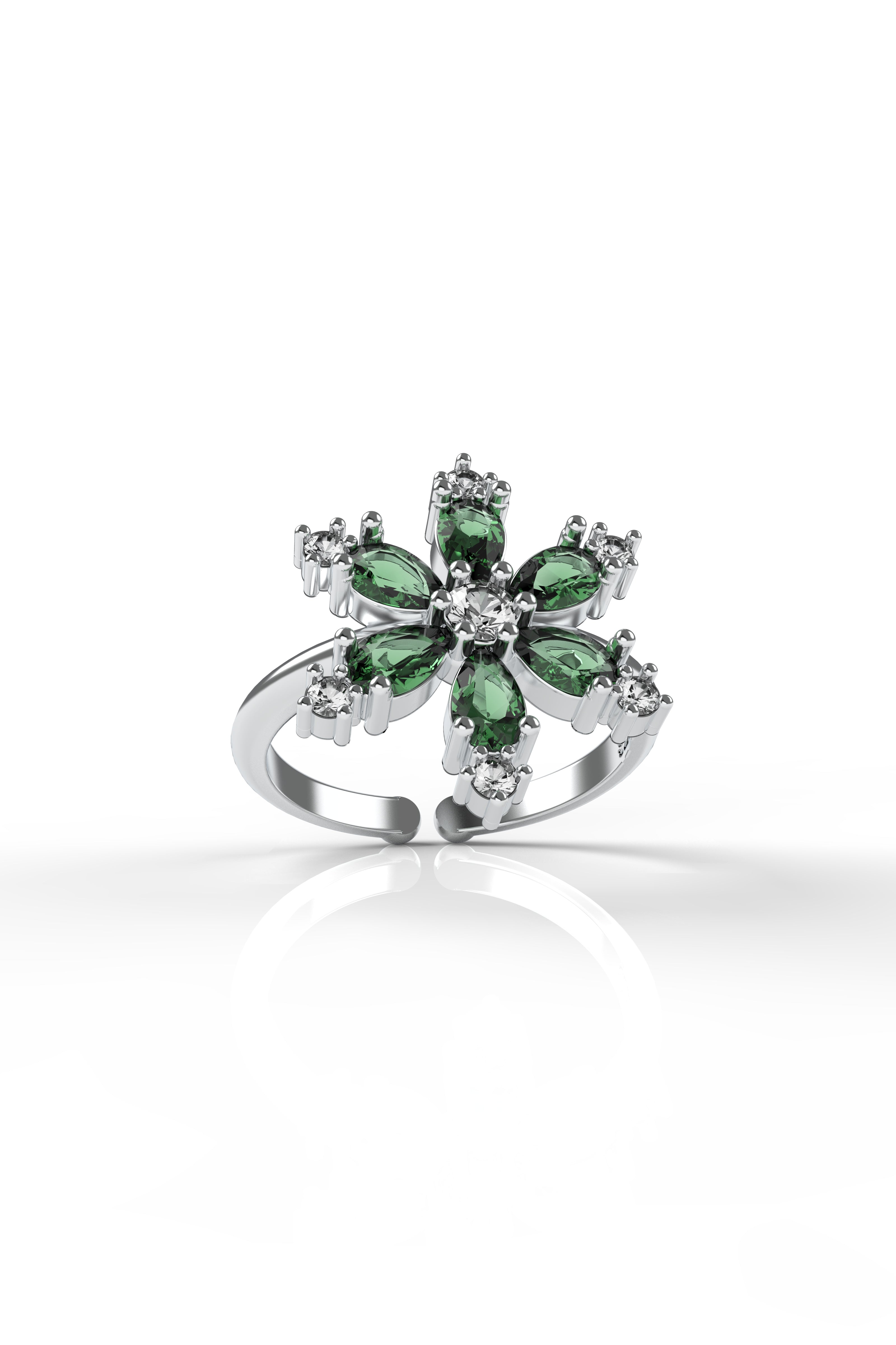Emerald Lotus Flower Ring Rhodium Plated Silver