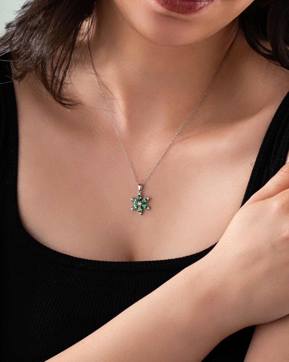 Rhodium Emerald Zircon Lotus Flower Necklace | 925 Silver