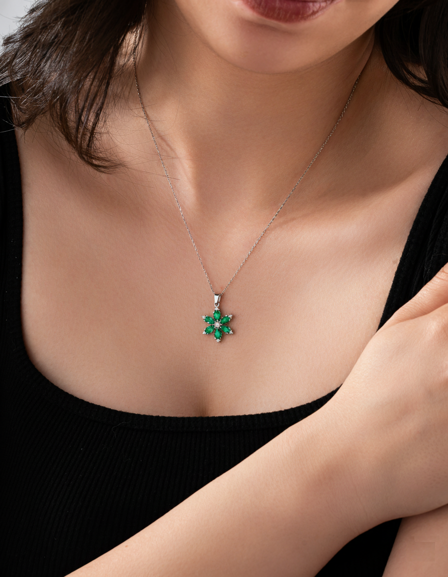 Emerald Lotus Flower Necklace Rhodium Plated Silver