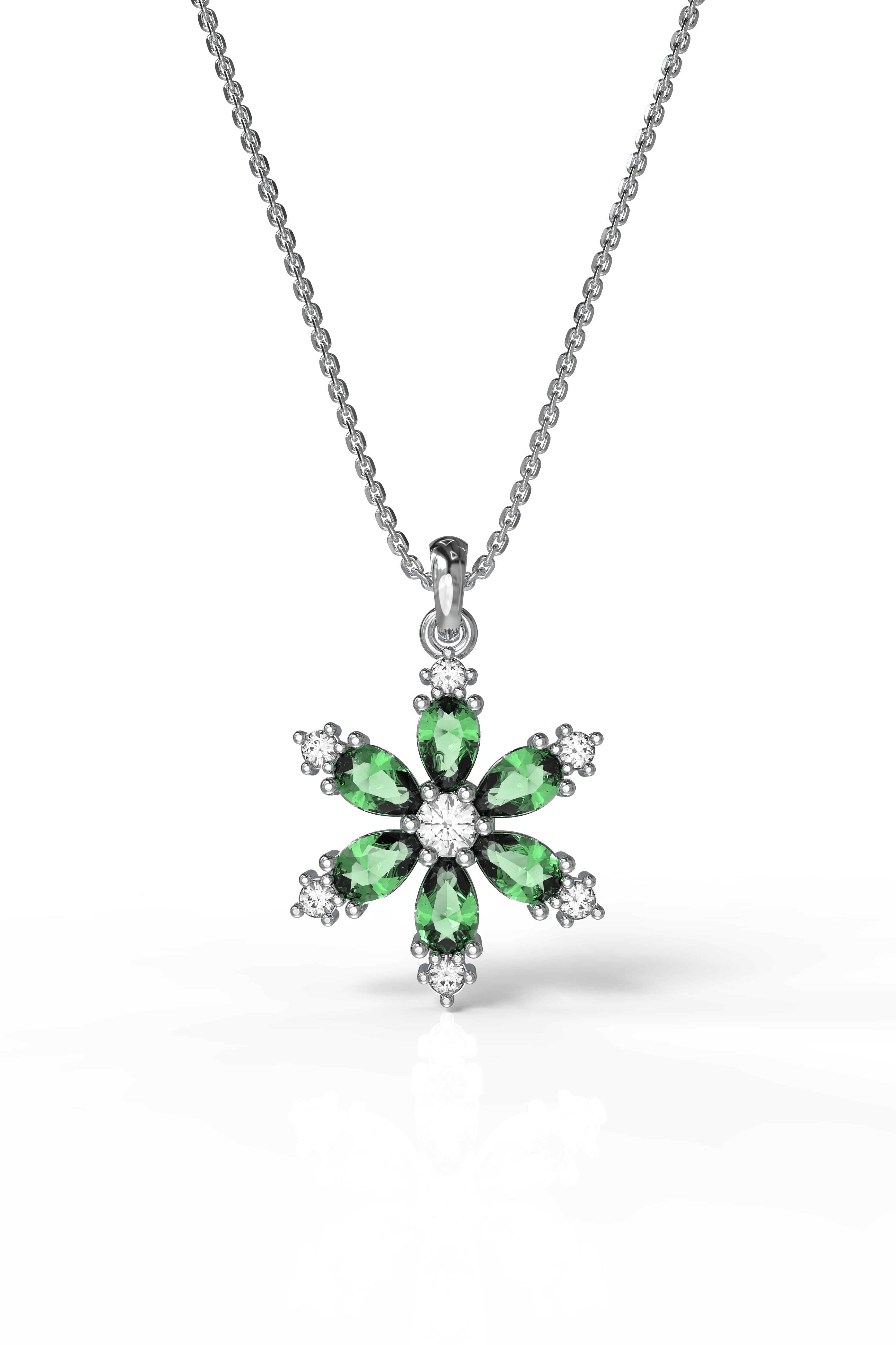 Emerald Lotus Flower Necklace Rhodium Plated Silver