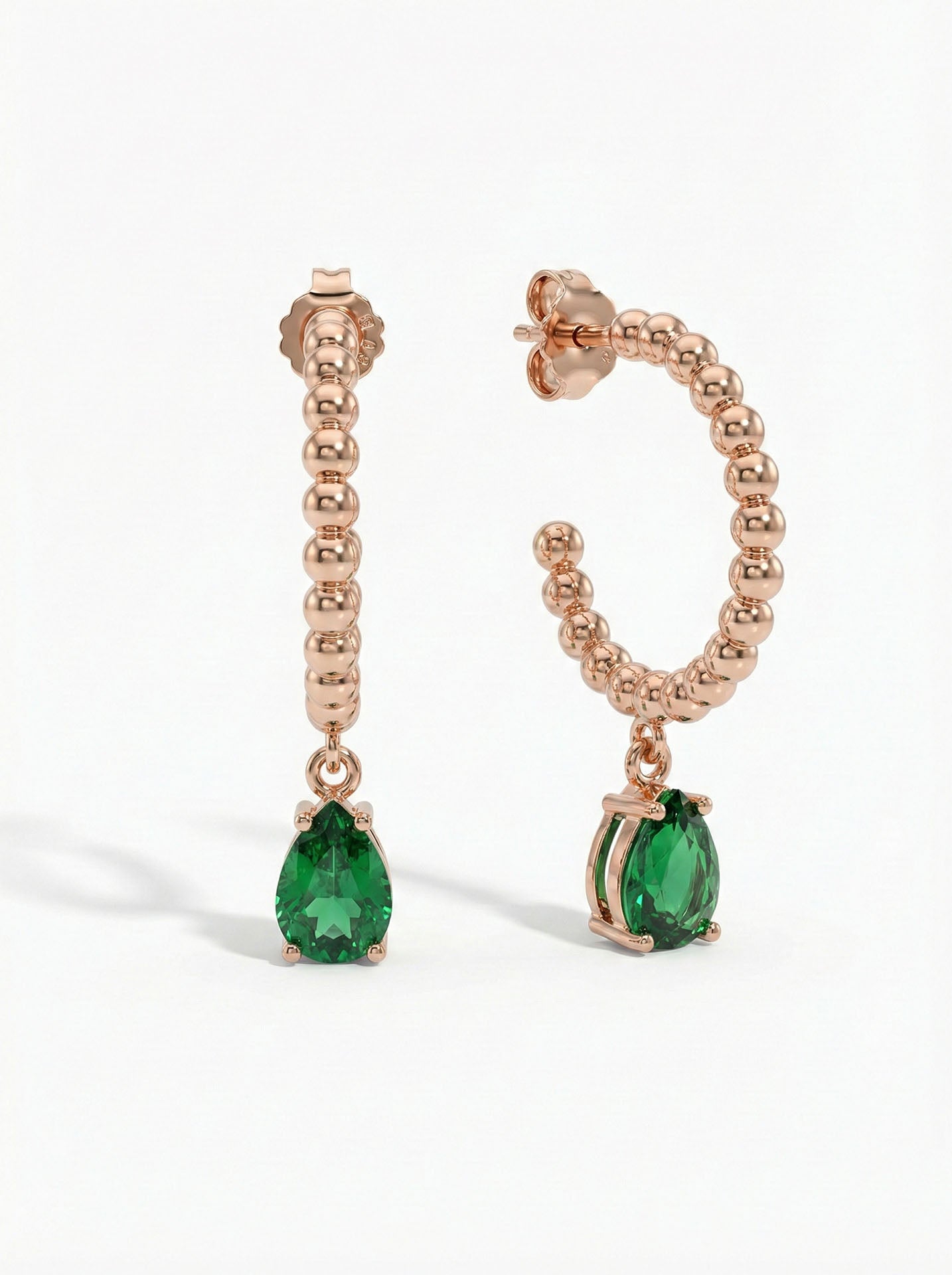 Emerald Drop Motif Solitaire Hoop Earrings Rose Gold Plated Silver