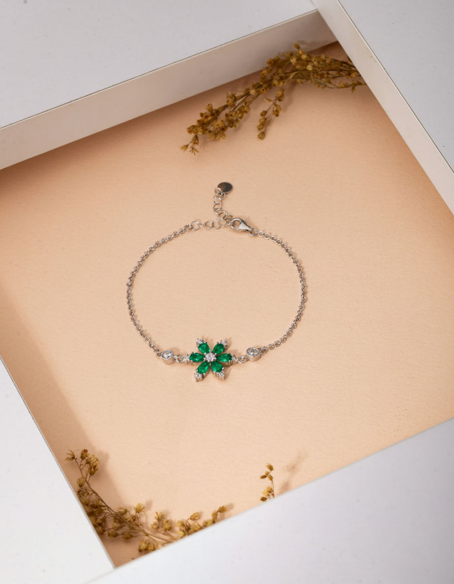 Emerald Green Lotus Flower Bracelet in 925 sterling silver - view 2