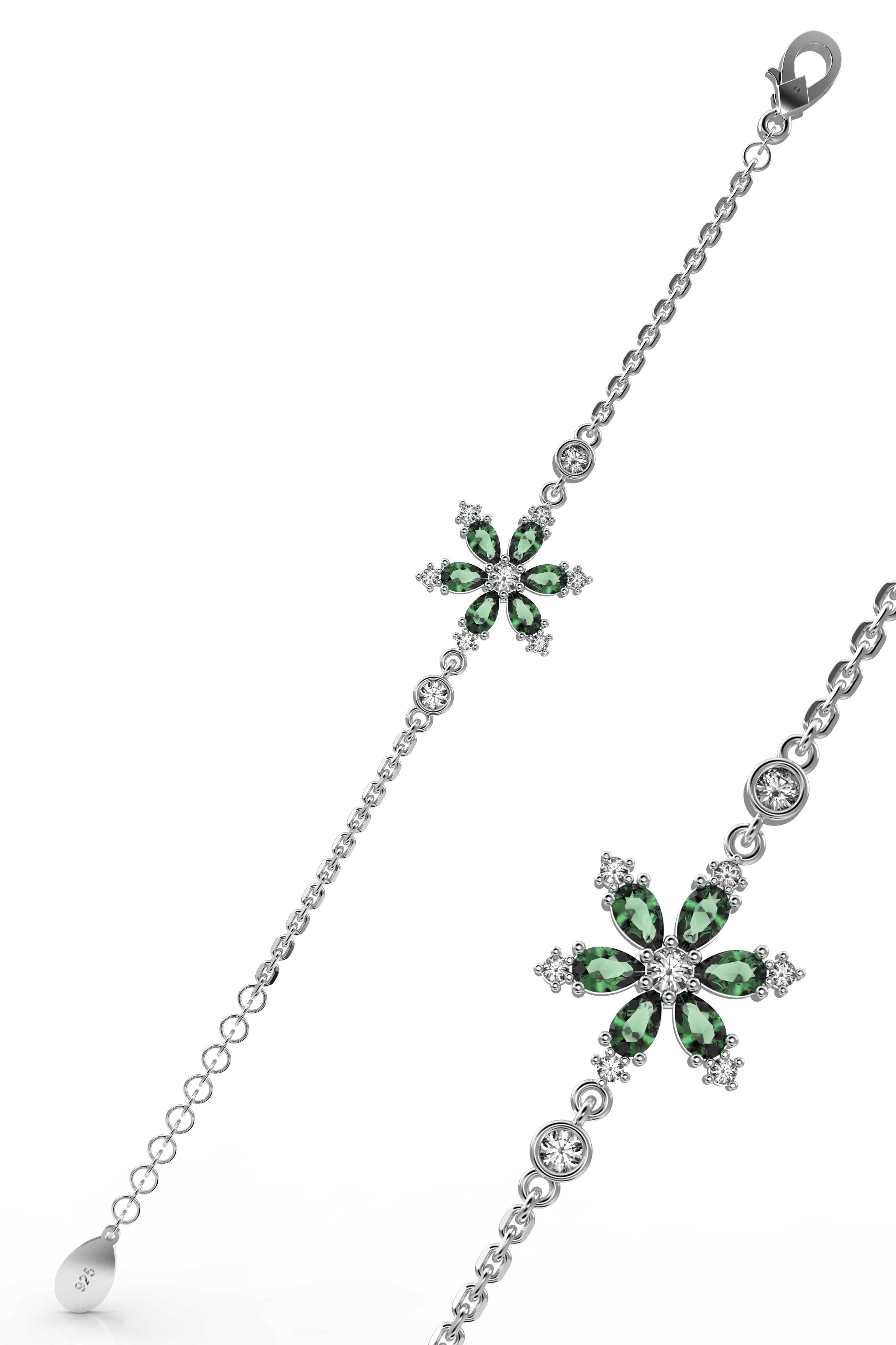 Emerald Green Lotus Flower Bracelet Rhodium Plated Silver