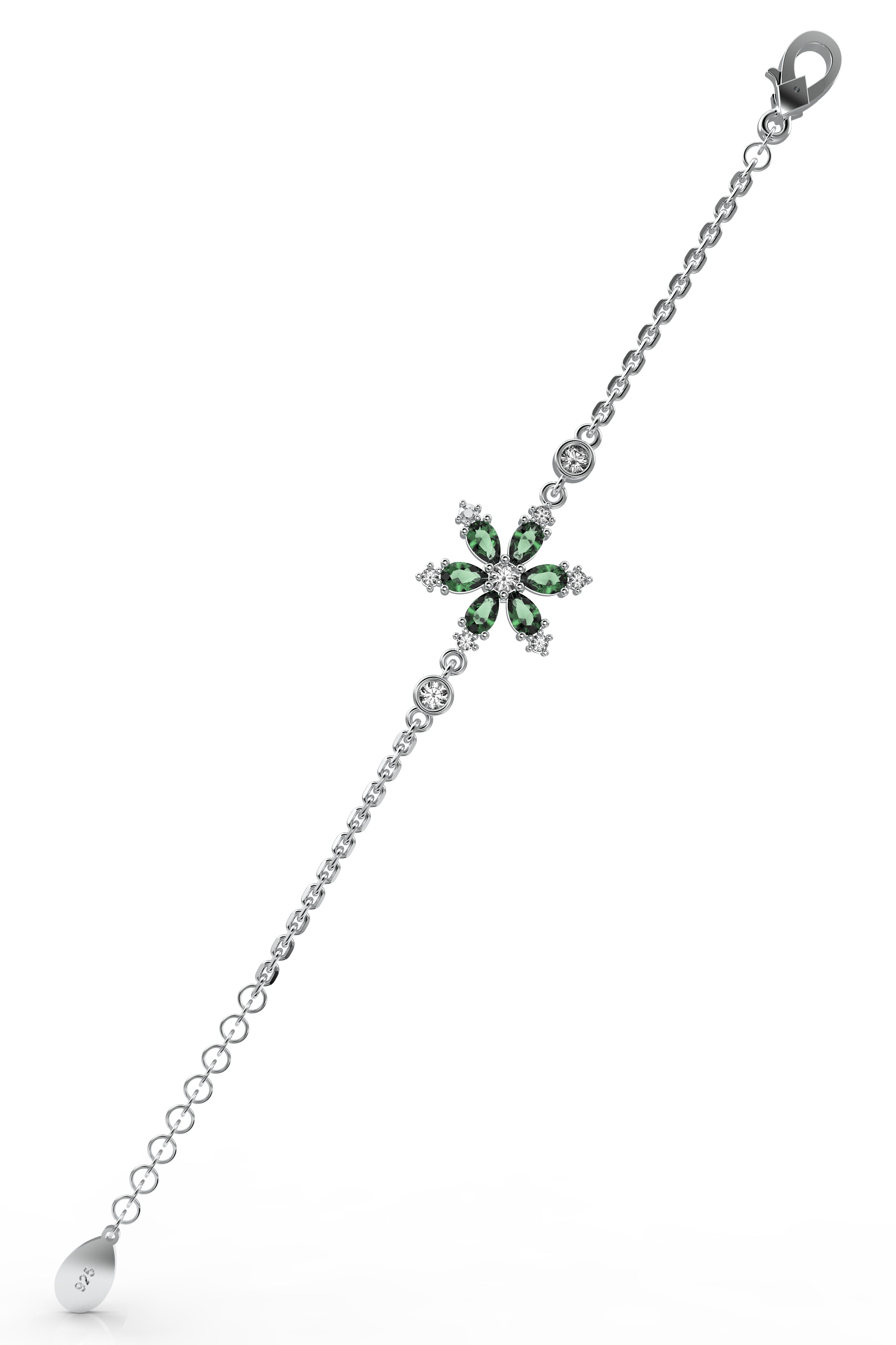 Emerald Green Lotus Flower Bracelet Rhodium Plated Silver
