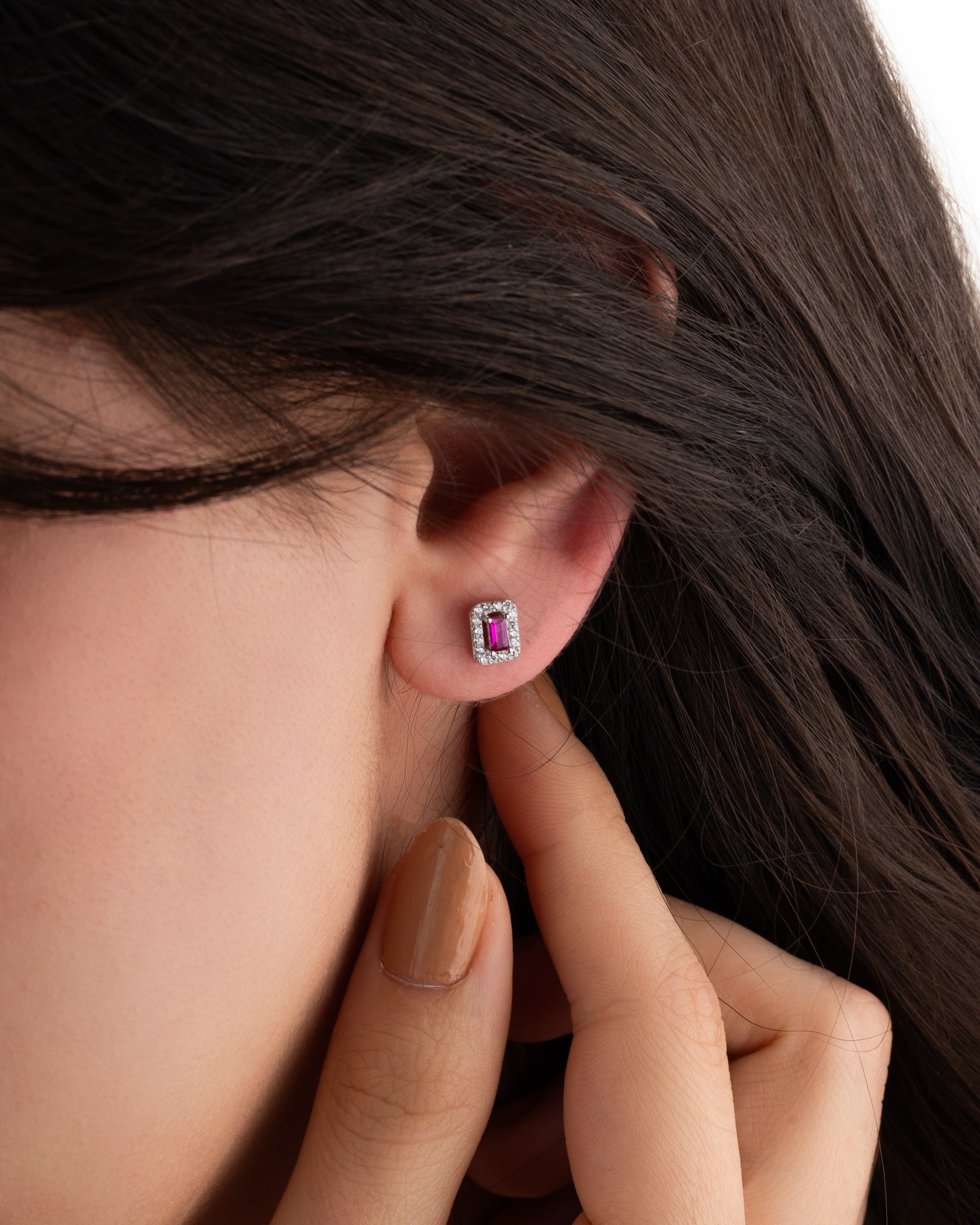 Baguette Cut Pink Minimalist Everyday Earrings Rhodium Plated Silver