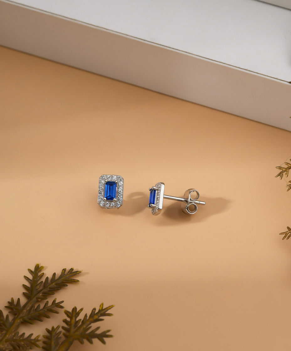 925 Sterling Silver Rhodium Plated Baguette Cut Sapphire Minimalist Daily Earrings