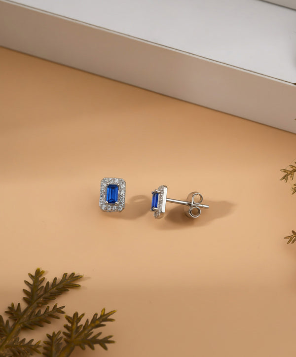 925 Sterling Silver Rhodium Plated Baguette Cut Sapphire Minimalist Daily Earrings