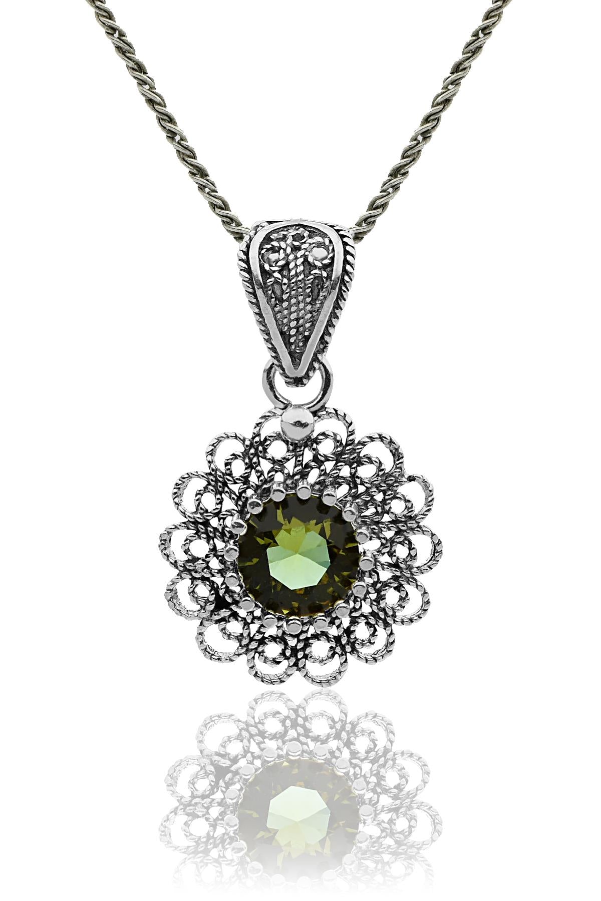August Peridot Birthstone Flower Motif Filigree Necklace Silver