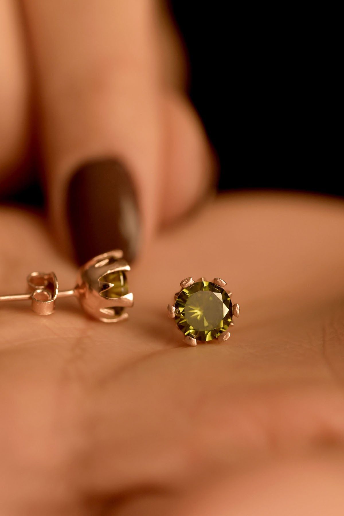 August Peridot Birthstone Rose Solitaire Studs in 925 sterling silver - view 2