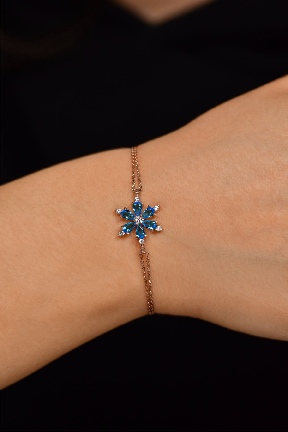 Rose Gold Aquamarine Lotus Flower Bracelet in 925 sterling silver - view 2