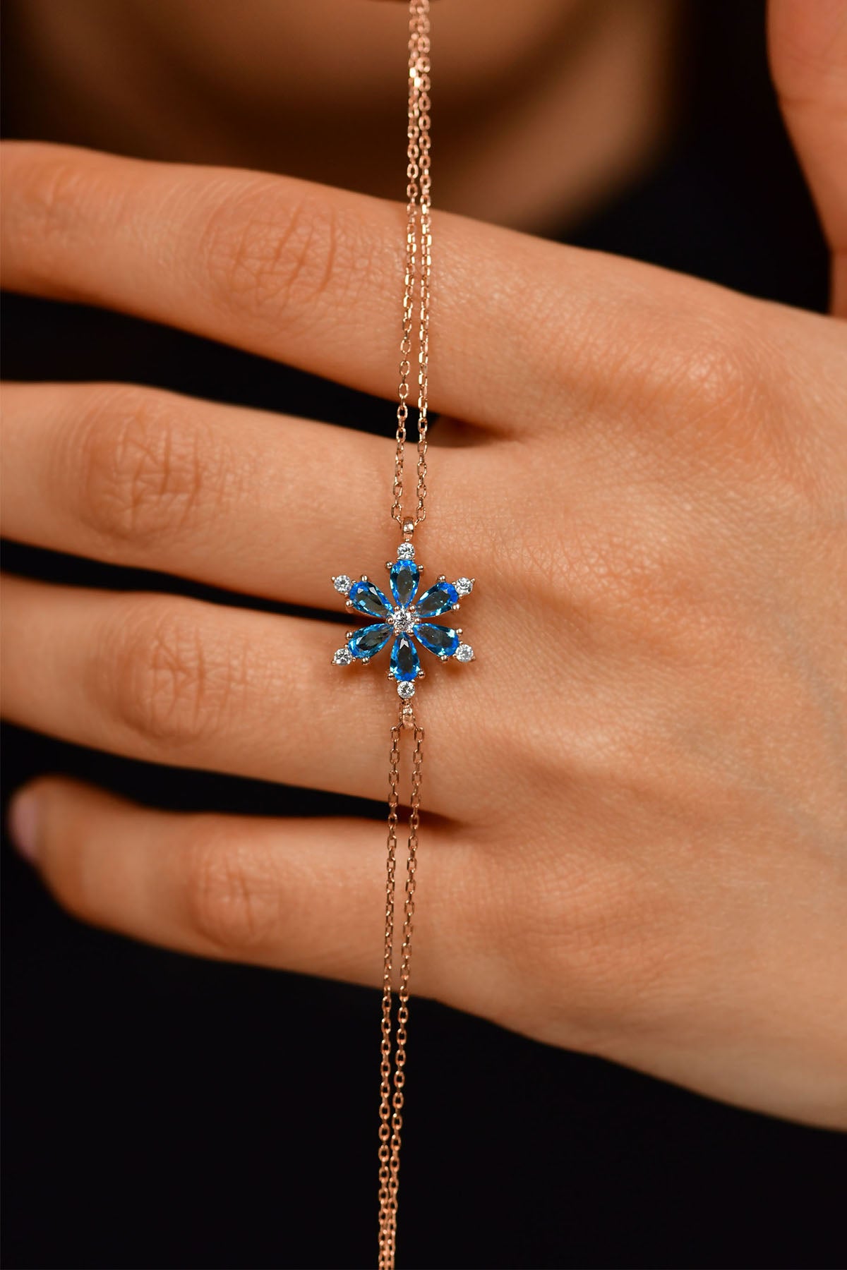 Rose Gold Aquamarine Lotus Flower Bracelet in 925 sterling silver - view 3