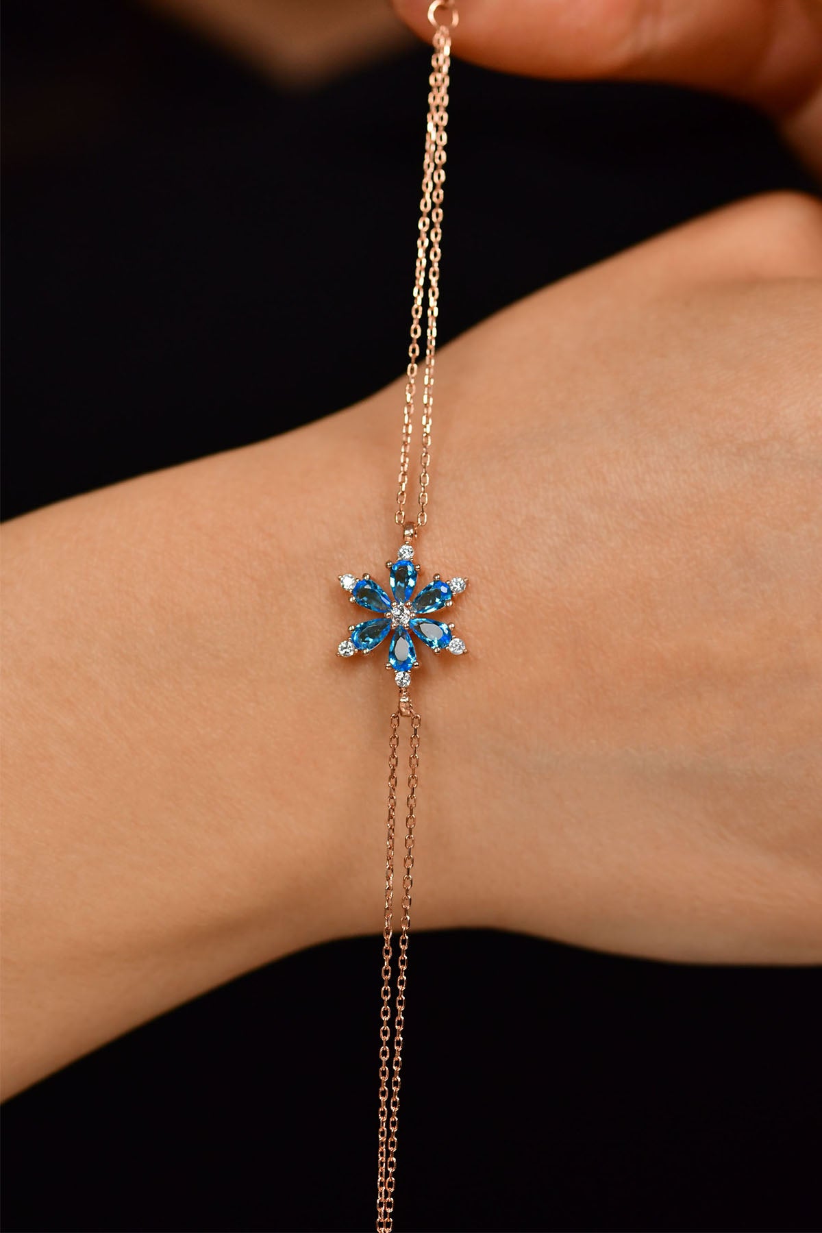 Rose Gold Aquamarine Lotus Flower Bracelet in 925 sterling silver - view 4