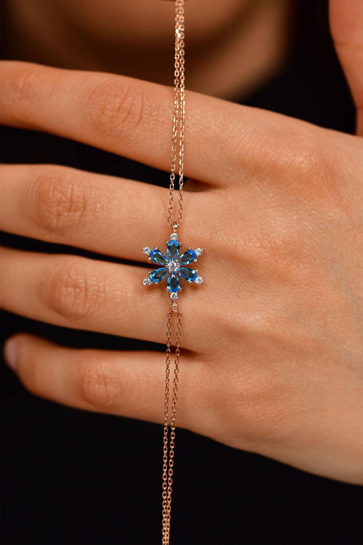 Aquamarine Lotus Flower Bracelet Rose Gold Plated Silver