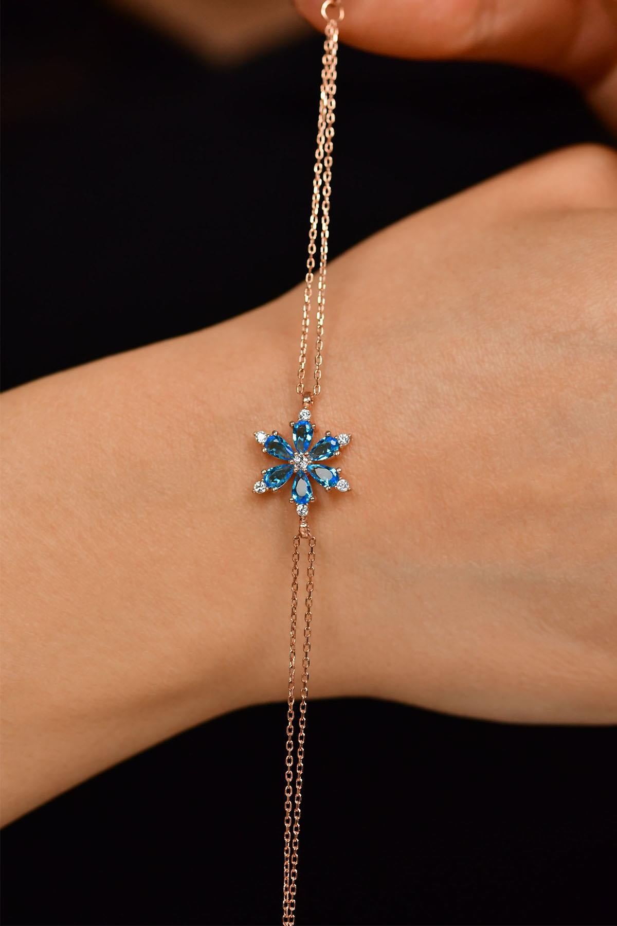 Aquamarine Lotus Flower Bracelet Rose Gold Plated Silver