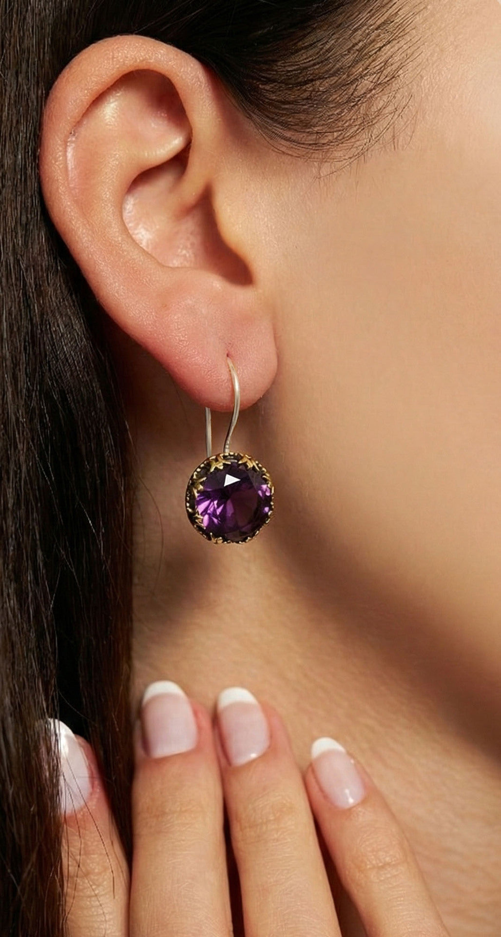 Gilded Amethyst Stone Tulip Motif Earrings in 925 sterling silver - view 2