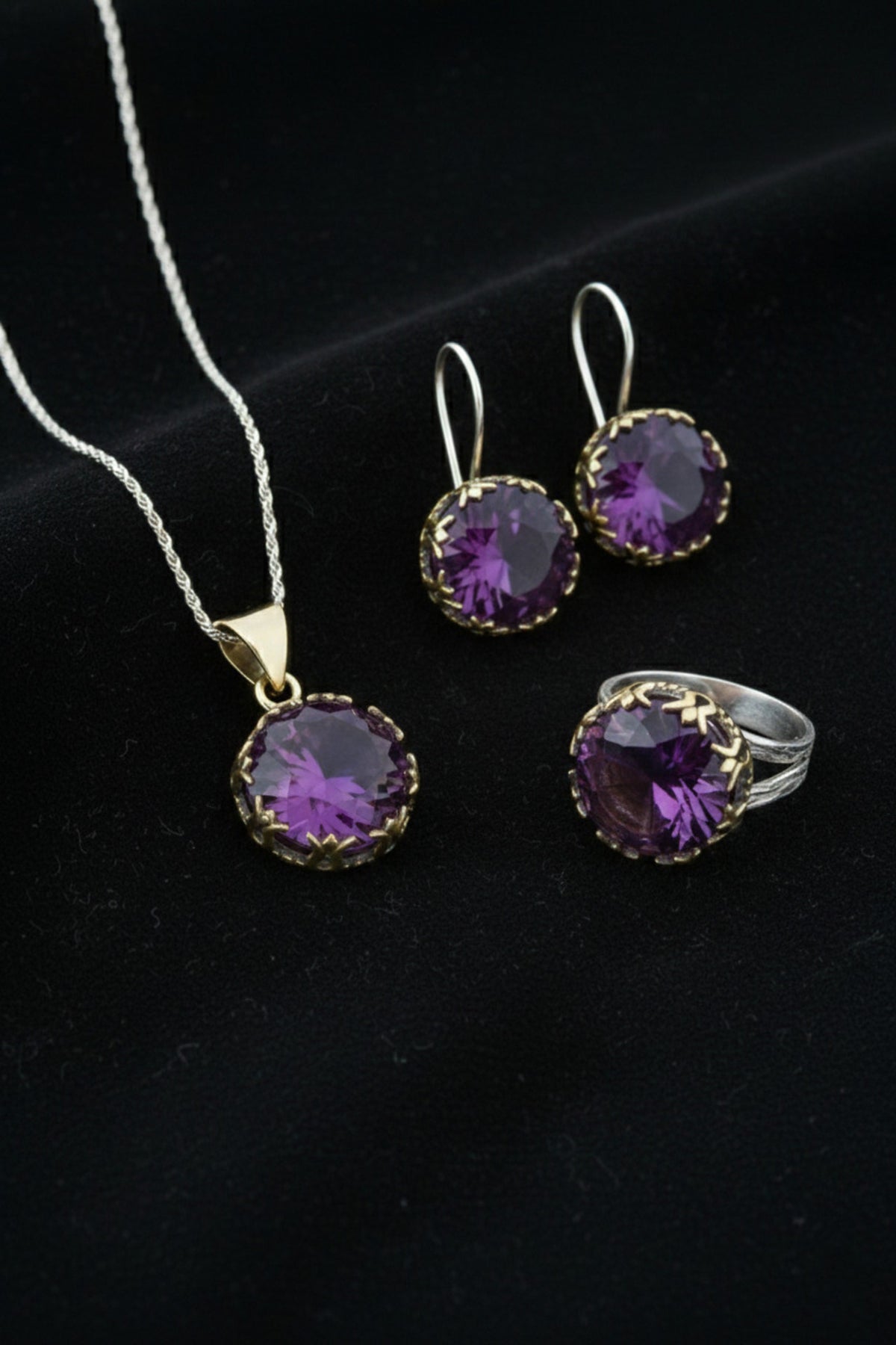 Gilded Round Tulip Amethyst Jewelry Set in 925 sterling silver