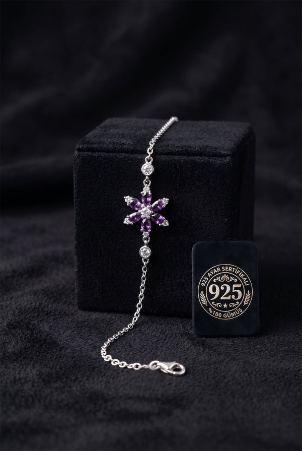 Rhodium Amethyst Lotus Flower Bracelet | 925 Silver