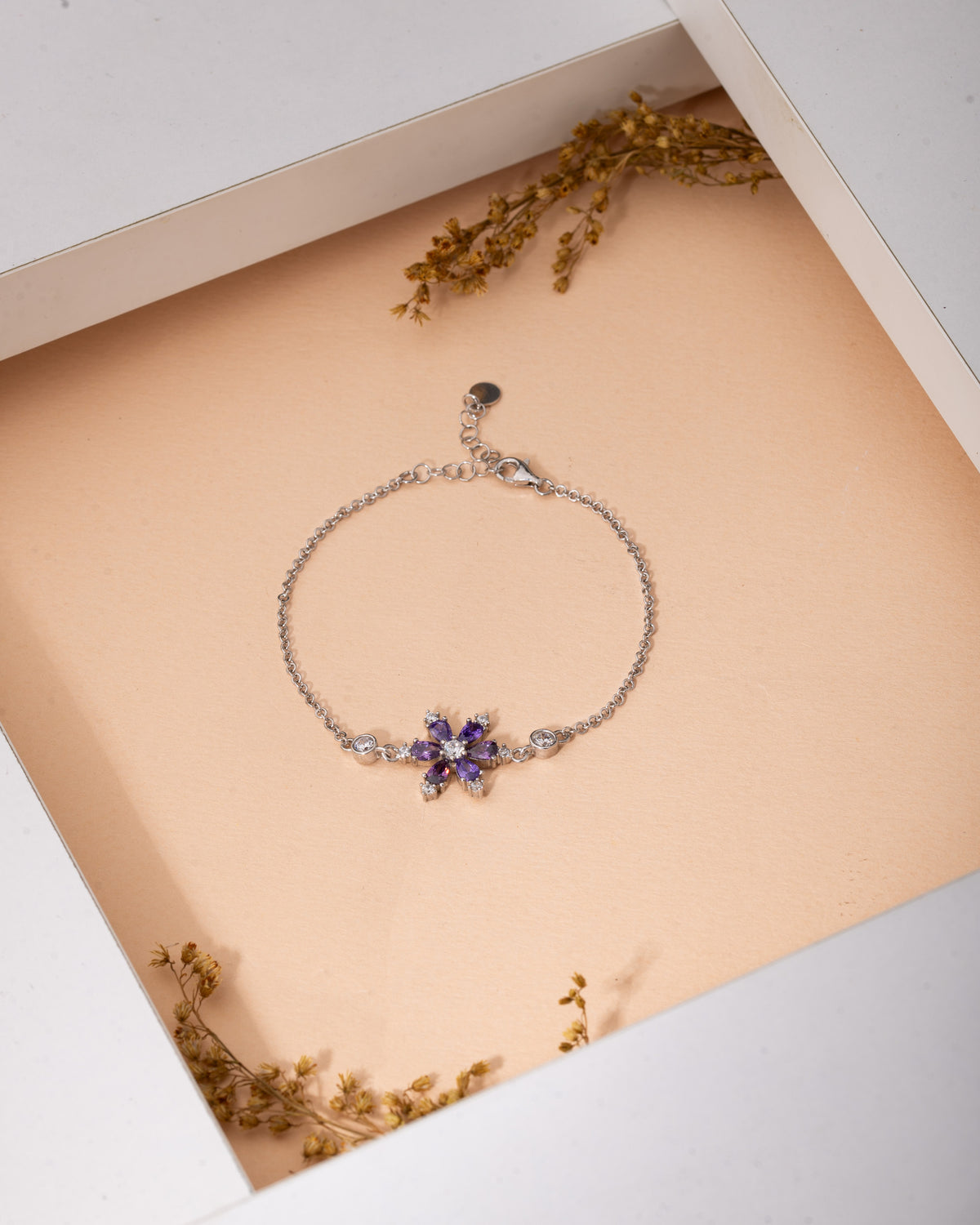 Rhodium Amethyst Lotus Flower Bracelet | 925 Silver