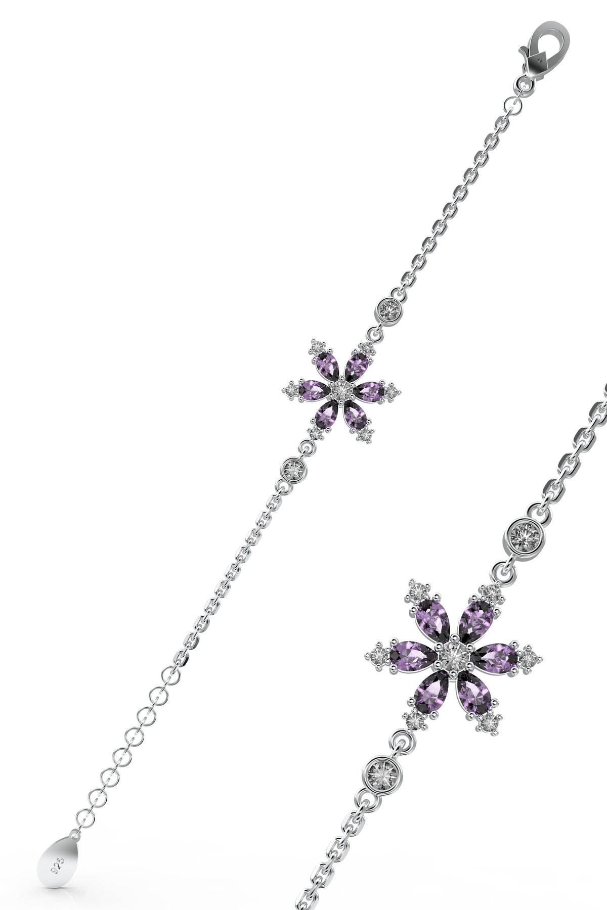 Rhodium Amethyst Lotus Flower Bracelet | 925 Silver