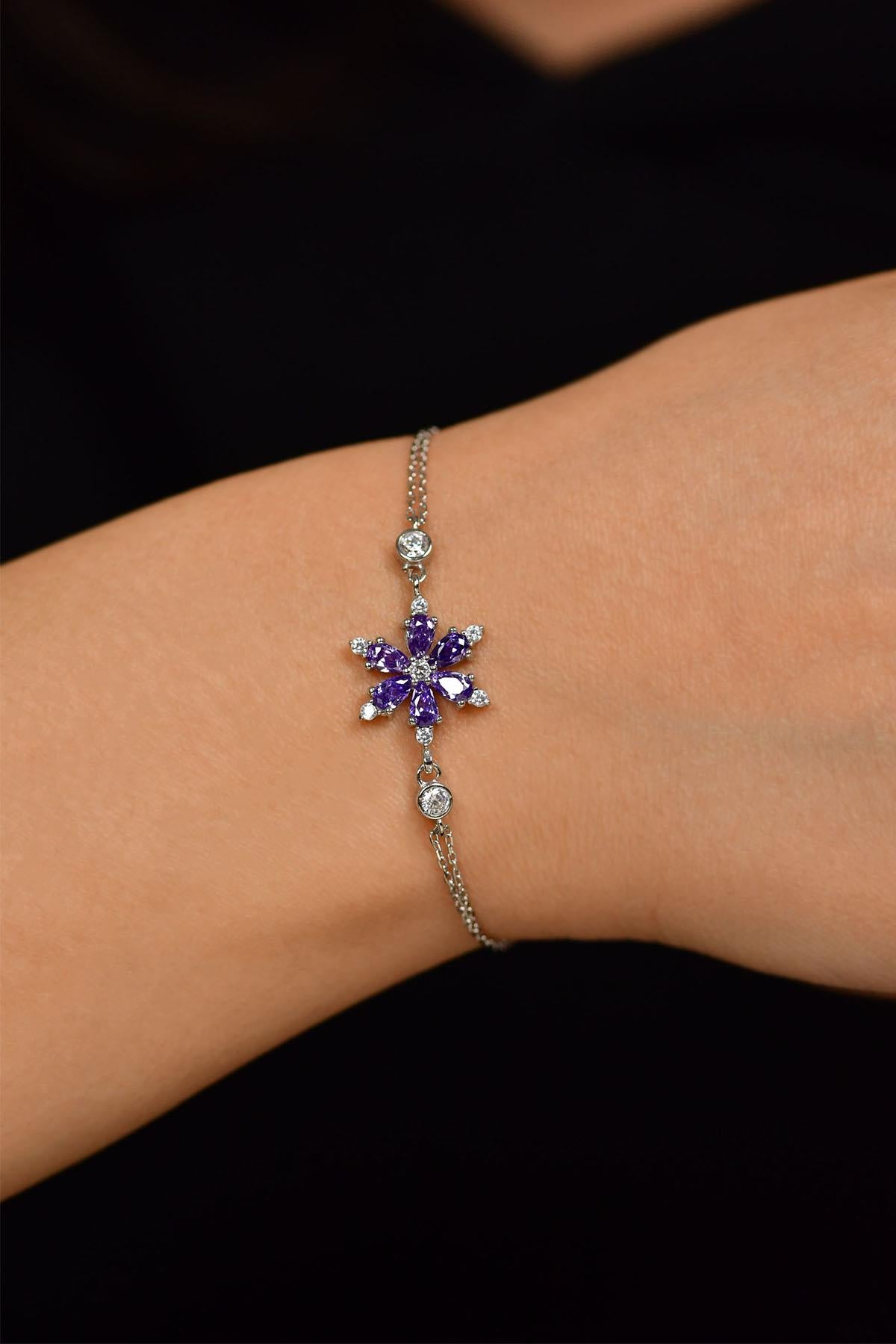 Amethyst Lotus Flower Bracelet Rhodium Plated Silver