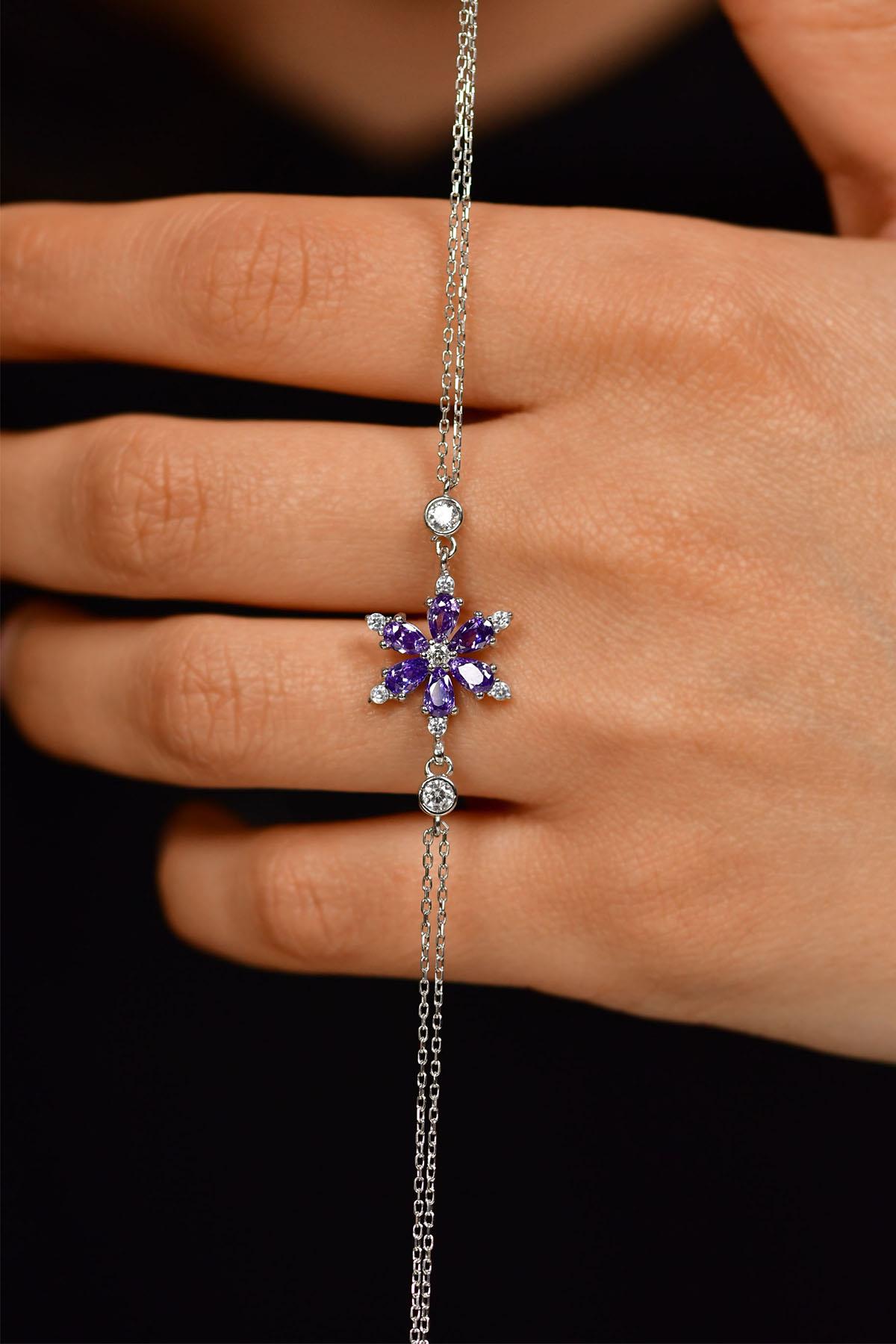 Amethyst Lotus Flower Bracelet Rhodium Plated Silver