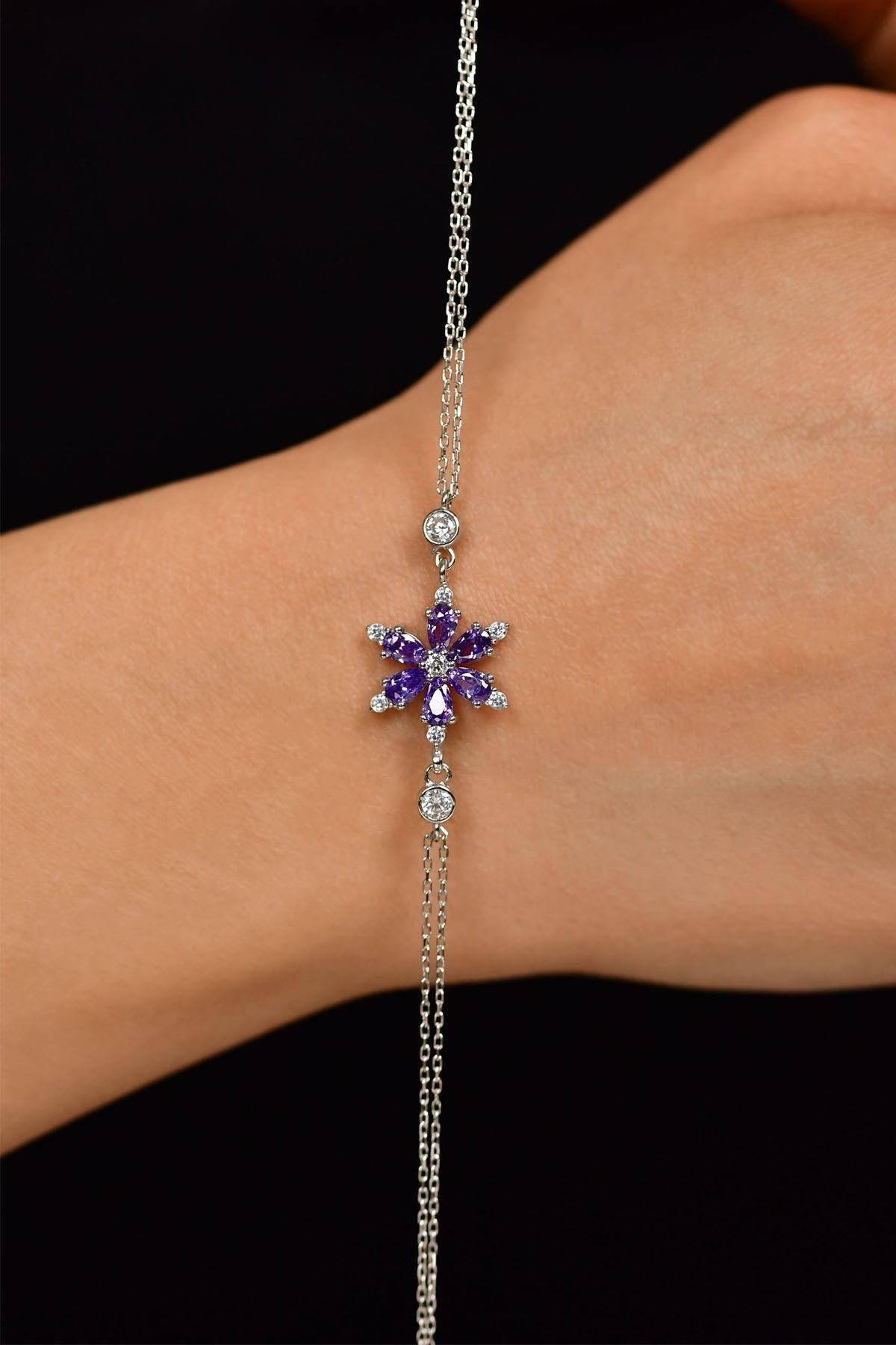 Amethyst Lotus Flower Bracelet Rhodium Plated Silver